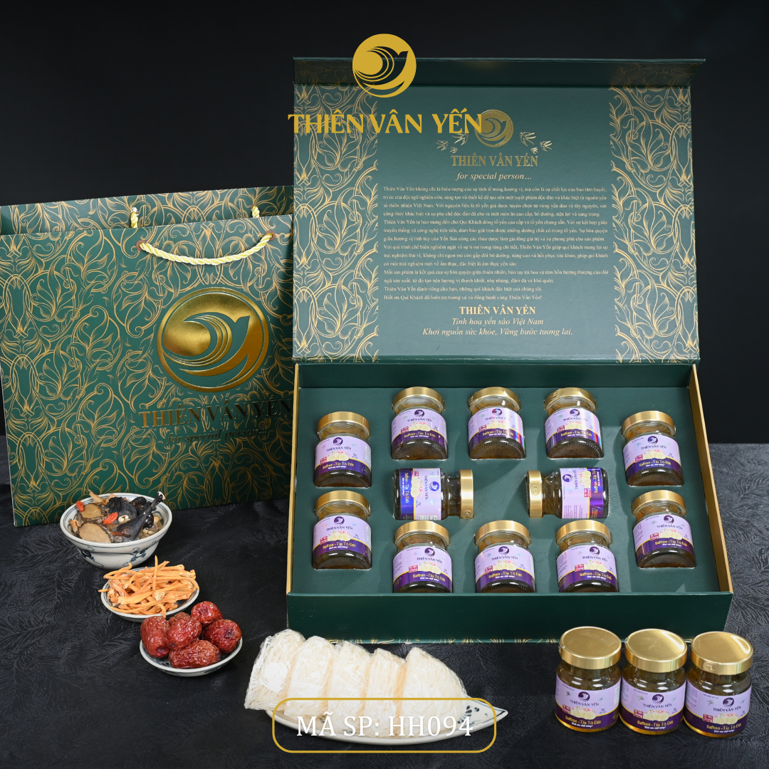 Hộp quà tặng 12 hũ - Tổ yến chưng Saffron Tía tô đất 3G/ 9G - Hoàng gia - Thiên Vân Yến