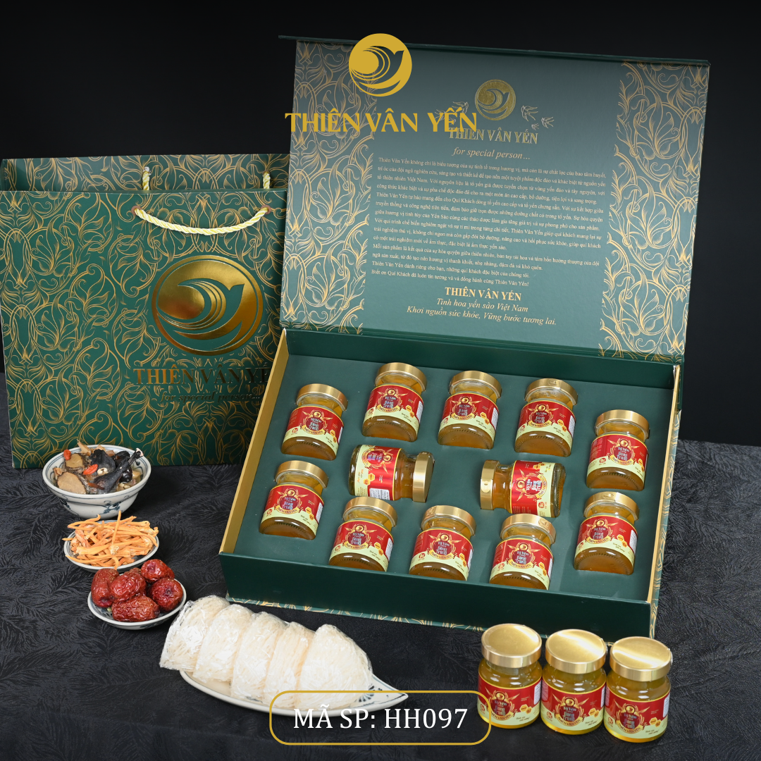 Hộp quà tặng 12 hũ - Tổ yến chưng Đông trùng 1G/ 3G/ 9G - Hoàng gia - Thiên Vân Yến