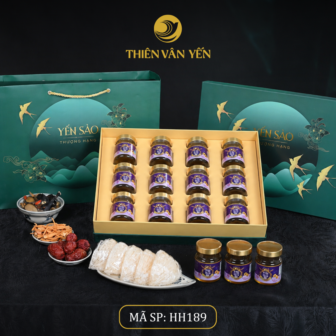 Hộp quà tặng 12 hũ - Thiên Vân Yến - Tổ yến chưng Tía tô đất Saffron 9g - Xanh
