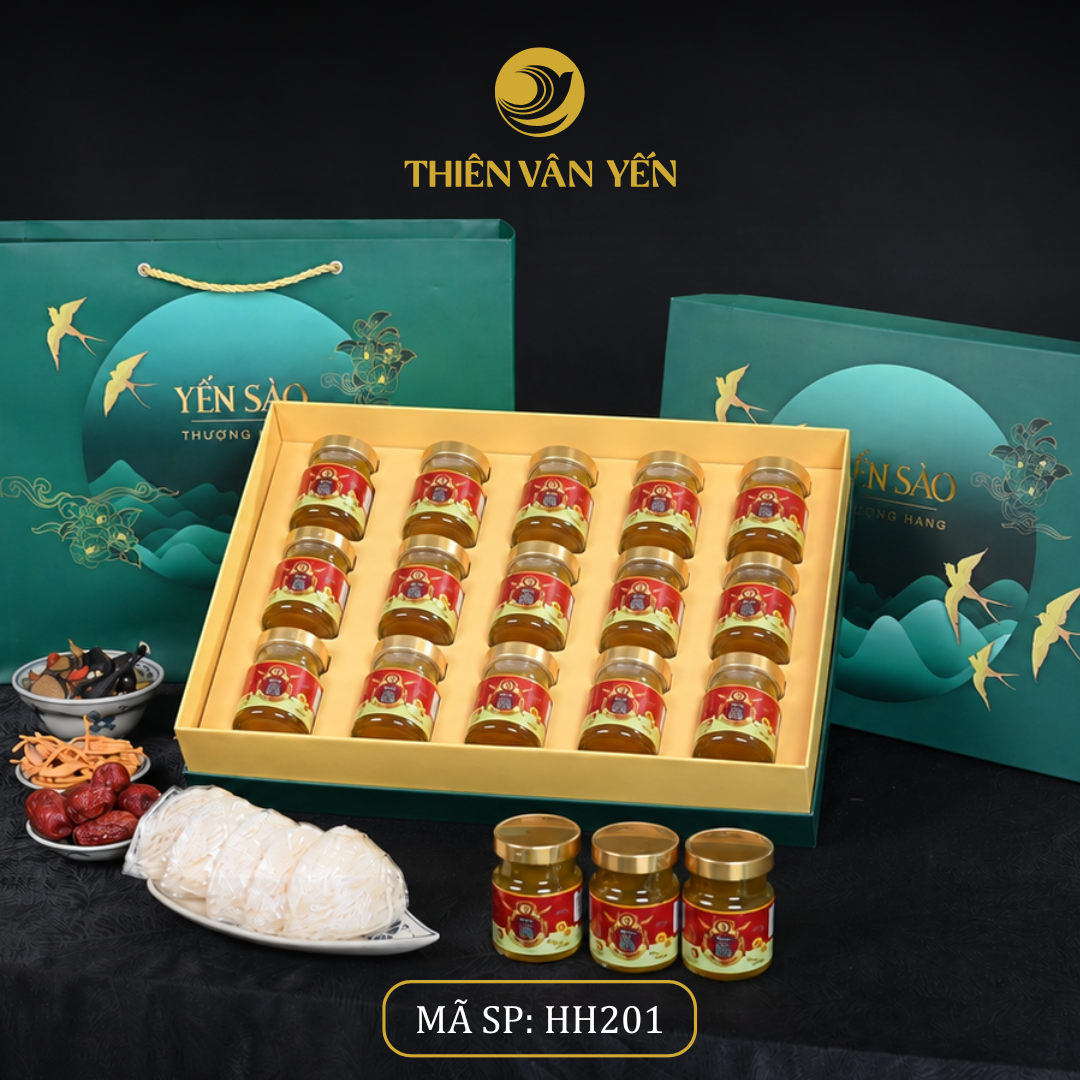 Hộp quà tặng 15 hũ - Thiên Vân Yến - Tổ yến chưng đồng trùng 9g - Xanh