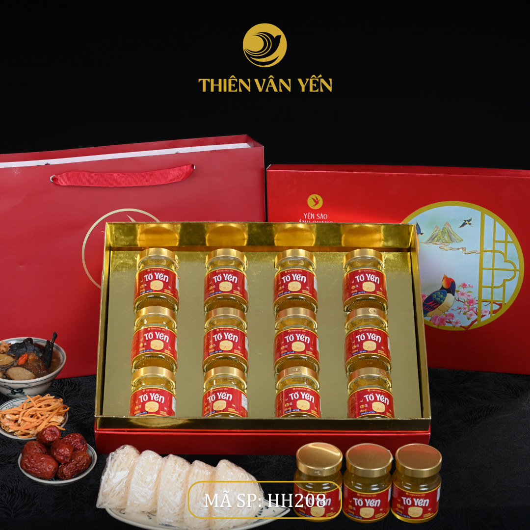 Hộp quà tặng 12 hũ - Tổ yến chưng đông trùng 1G/ 3G/ 9G - Đỏ Thiên Sơn - Thiên Vân Yến