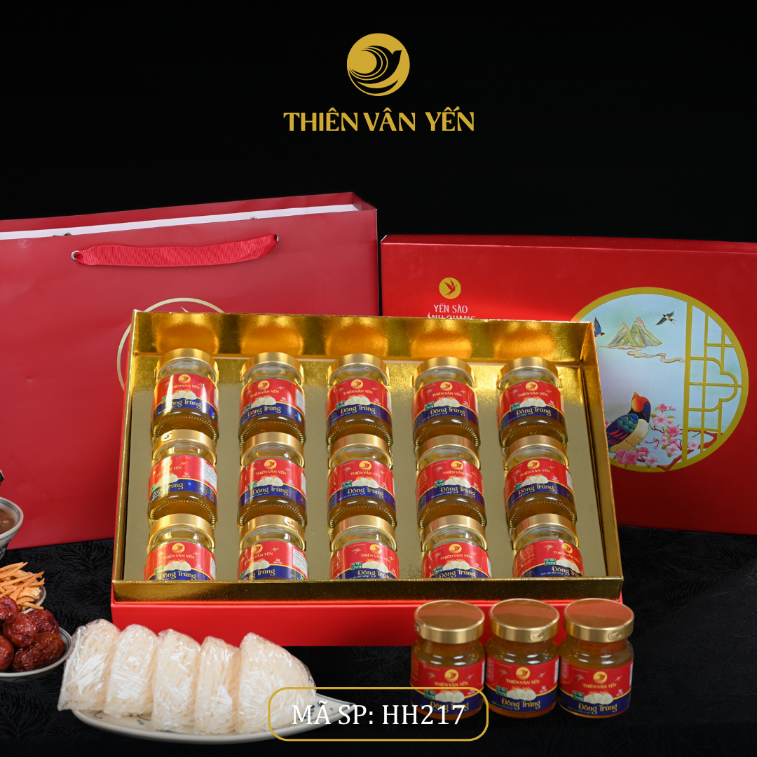 Hộp quà tặng 15 hũ - Tổ yến chưng đông trùng 1G/ 3G/ 9G - Đỏ Thiên Sơn - Thiên Vân Yến