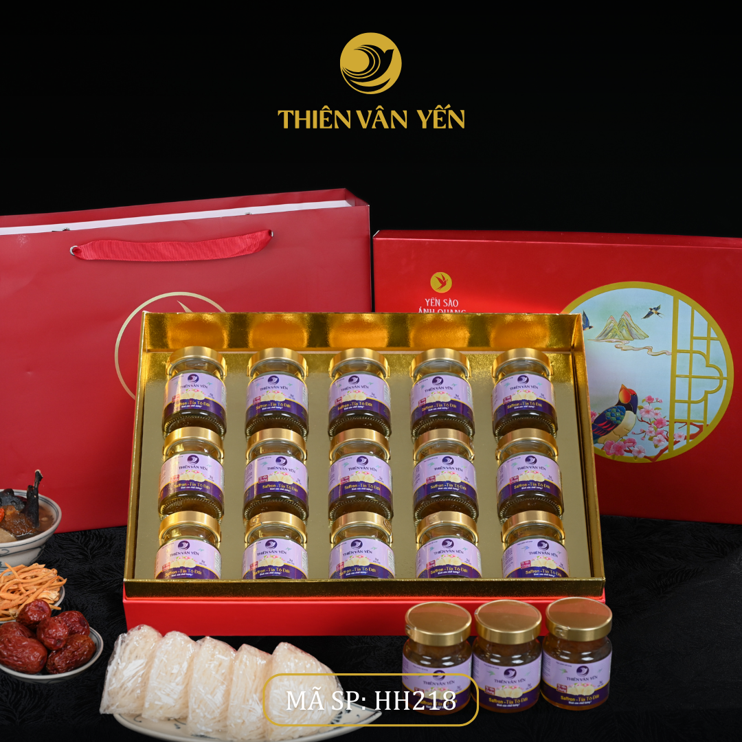 Hộp quà tặng 15 hũ - Tổ yến chưng Saffron Tía Tô Đất 3g/9g - Đỏ Thiên Sơn - Thiên Vân Yến