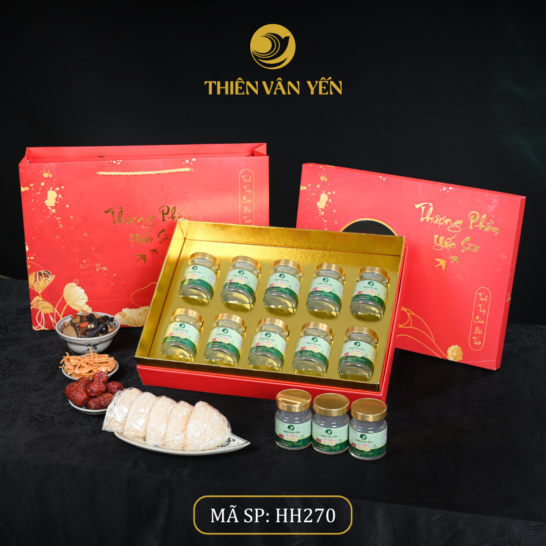 Hộp Quà Tặng 10 Hũ - Tổ Yến Chưng Đường Phèn 1G/ 3G/ 9G - Đỏ Hoa Sen - Thiên Vân Yến