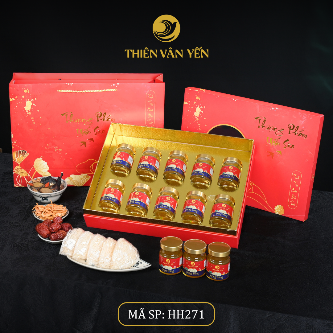 Hộp Quà Tặng 10 Hũ - Tổ Yến Chưng Đông Trùng 1G/ 3G/ 9G - Đỏ Hoa Sen - Thiên Vân Yến