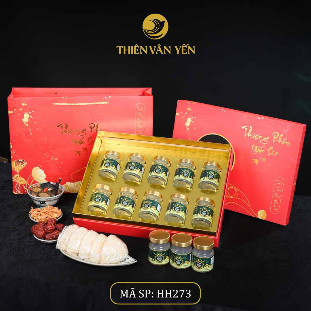 Hộp Quà Tặng 10 Hũ - Tổ Yến Chưng Đường Phèn 1G/ 3G/ 9G - Đỏ Hoa Sen - Thiên Vân Yến