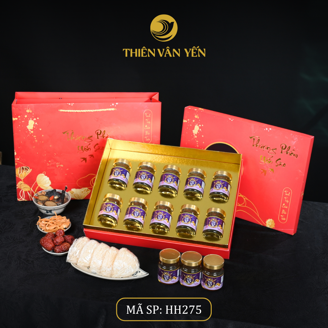 Hộp Quà Tặng 10 Hũ - Tổ Yến Chưng Saffron Tía Tô Đất 3G/ 9G - Đỏ Hoa Sen - Thiên Vân Yến