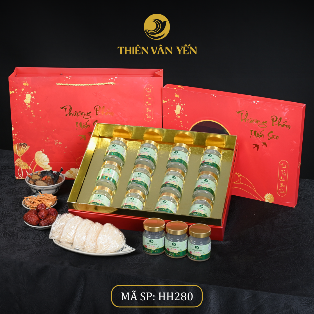 Hộp Quà Tặng 12 Hũ - Tổ Yến Chưng Đường Phèn 1G/ 3G/ 9G - Đỏ Hoa Sen - Thiên Vân Yến