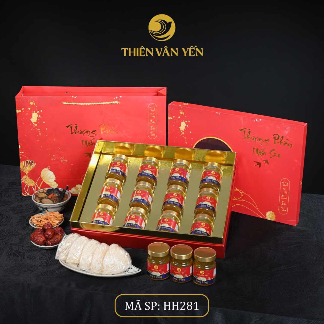 Hộp Quà Tặng 12 Hũ - Tổ Yến Chưng Đông Trùng 1G/ 3G/ 9G - Đỏ Hoa Sen - Thiên Vân Yến