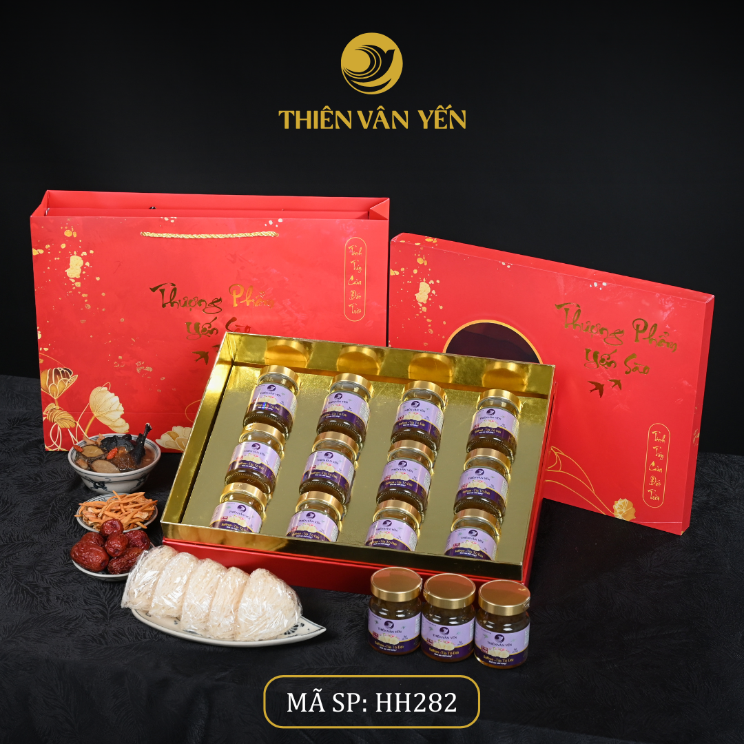 Hộp Quà Tặng 12 Hũ - Tổ Yến Chưng Saffron Tía Tô Đất 3g/ 9g - Đỏ Hoa Sen - Thiên Vân Yến