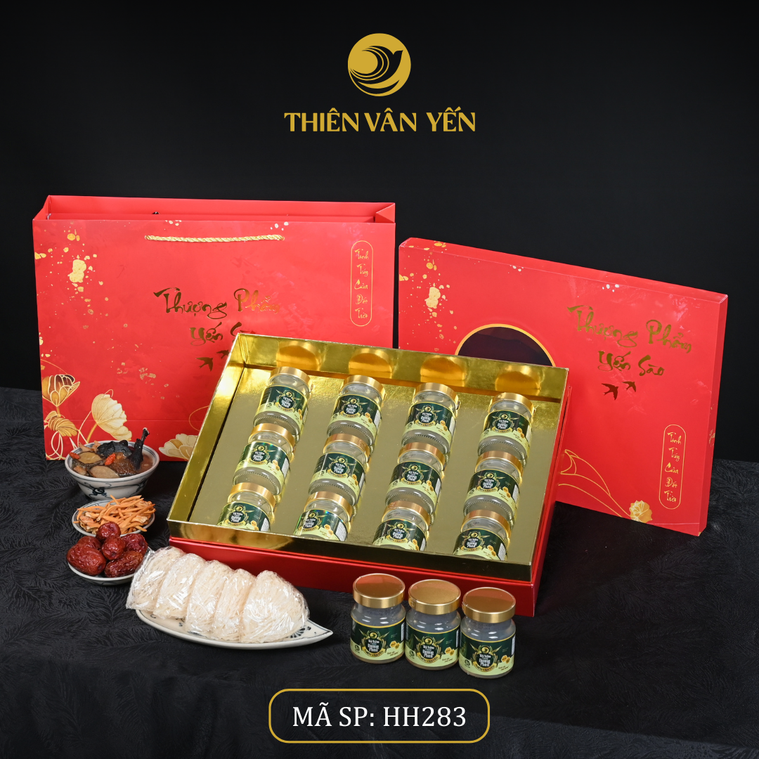 Hộp Quà Tặng 12 Hũ - Tổ Yến Chưng Đường Phèn 1G/ 3G/ 9G - Đỏ Hoa Sen - Thiên Vân Yến