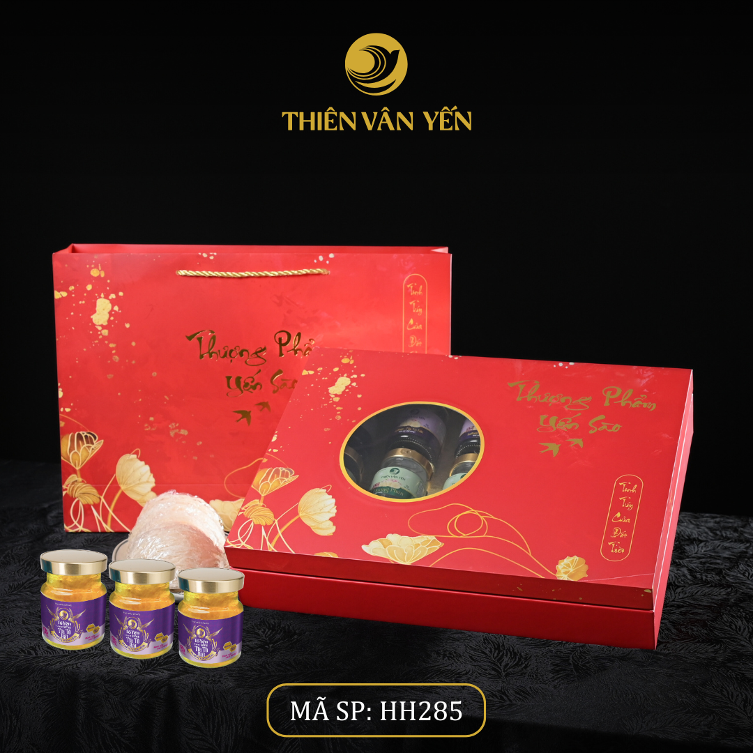 Hộp Quà Tặng 12 Hũ - Tổ Yến Chưng Saffron Tía Tô Đất 3g/ 9g - Đỏ Hoa Sen - Thiên Vân Yến