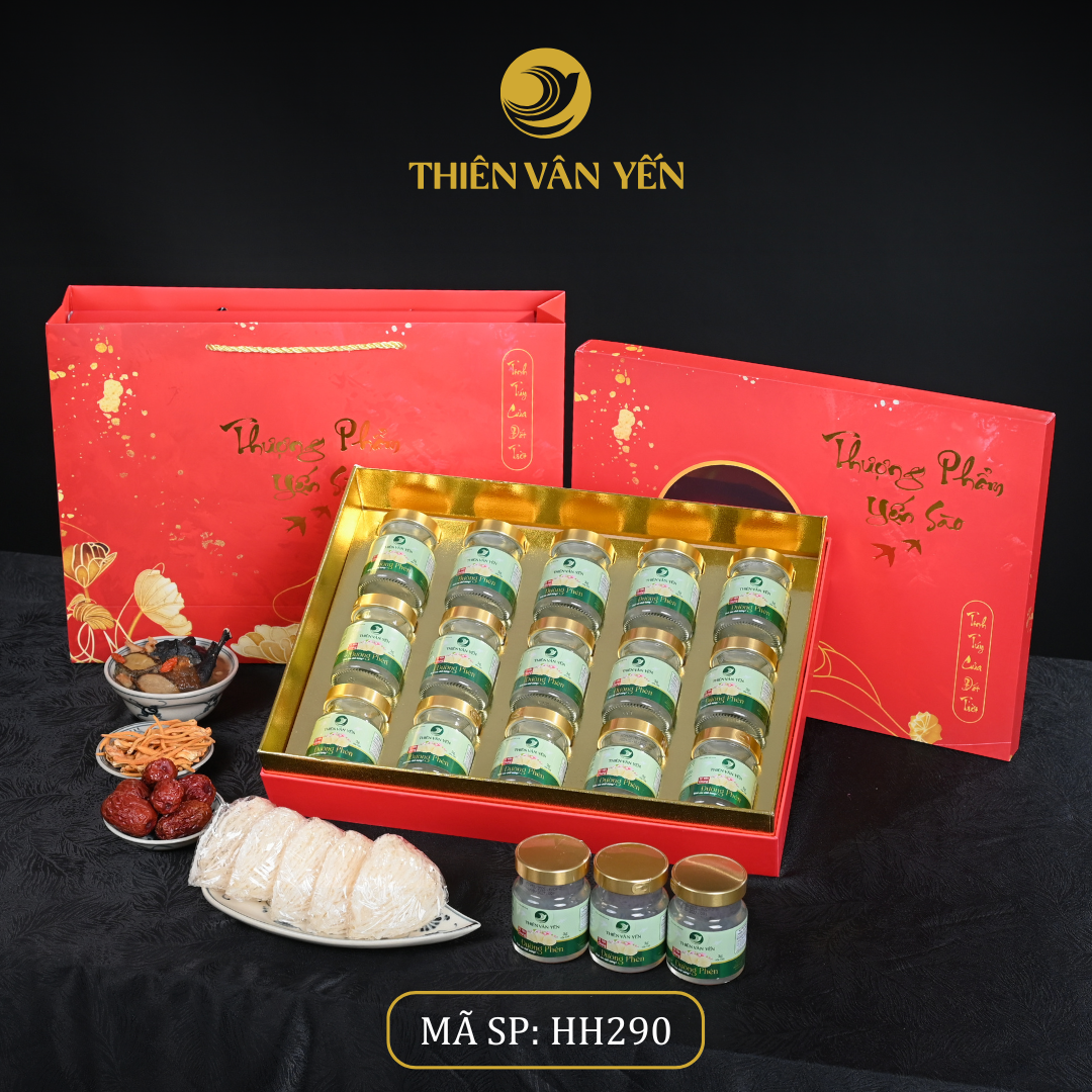 Hộp Quà Tặng 15 Hũ - Tổ Yến Chưng Đường Phèn 1G/ 3G/ 9G - Đỏ Hoa Sen - Thiên Vân Yến