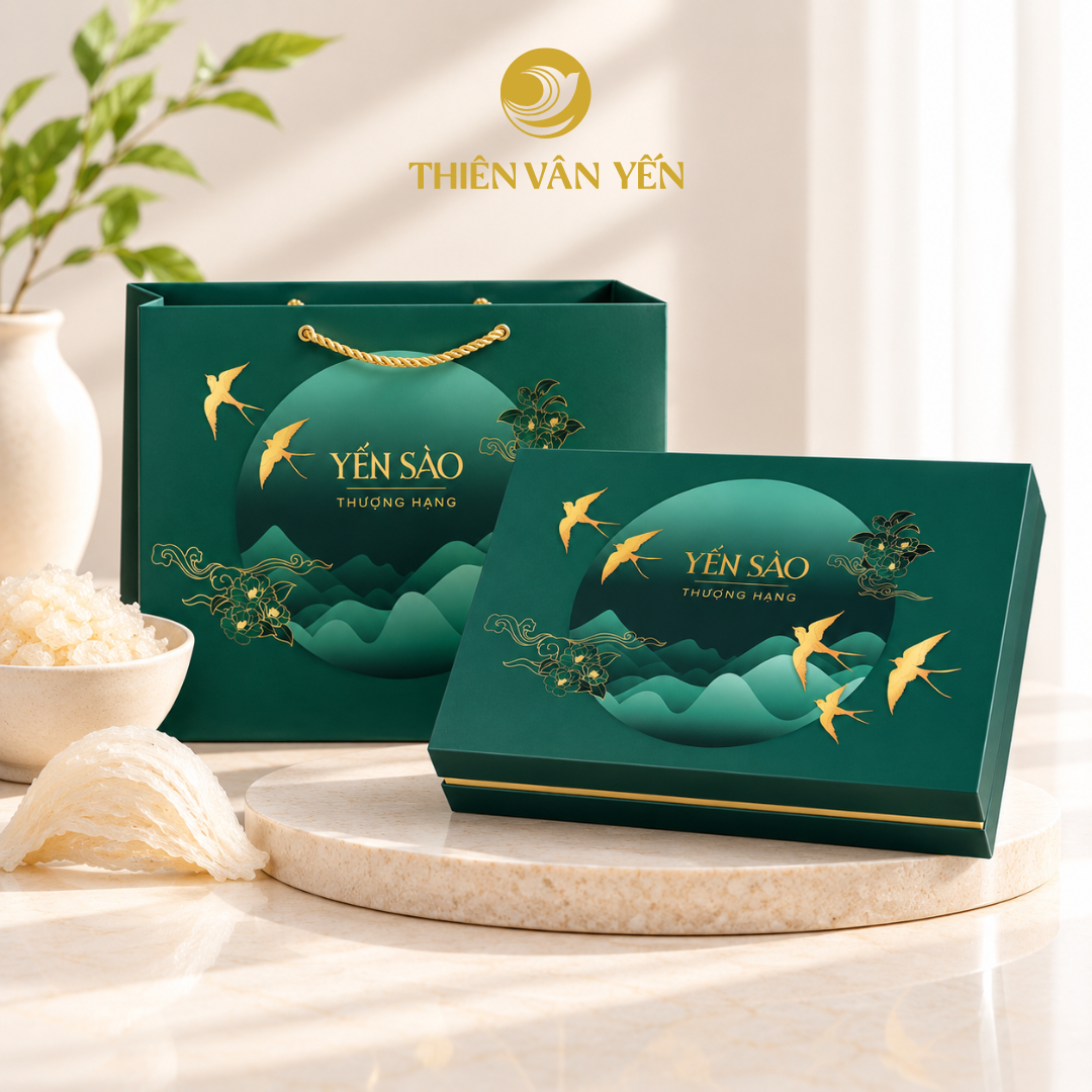 Hộp quà tặng 12 hũ - Thiên Vân Yến - Tổ yến chưng đường phèn 1g - Xanh