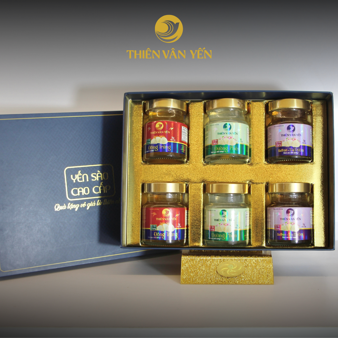 Hộp Quà Tặng 6 Hũ - MIX 3 vị 3g (Đường Phèn, Đông Trùng, Saffron) - Thiên Vân Yến