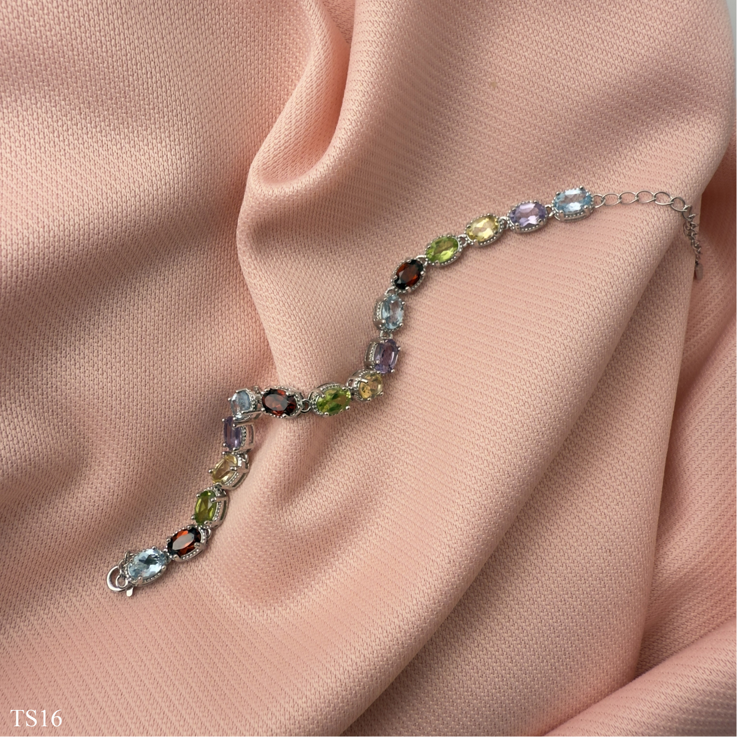 Lắc bạc 925 nữ đính đá tự nhiên topaz, peridot, garnet, thạch anh vàng, thạch anh tím