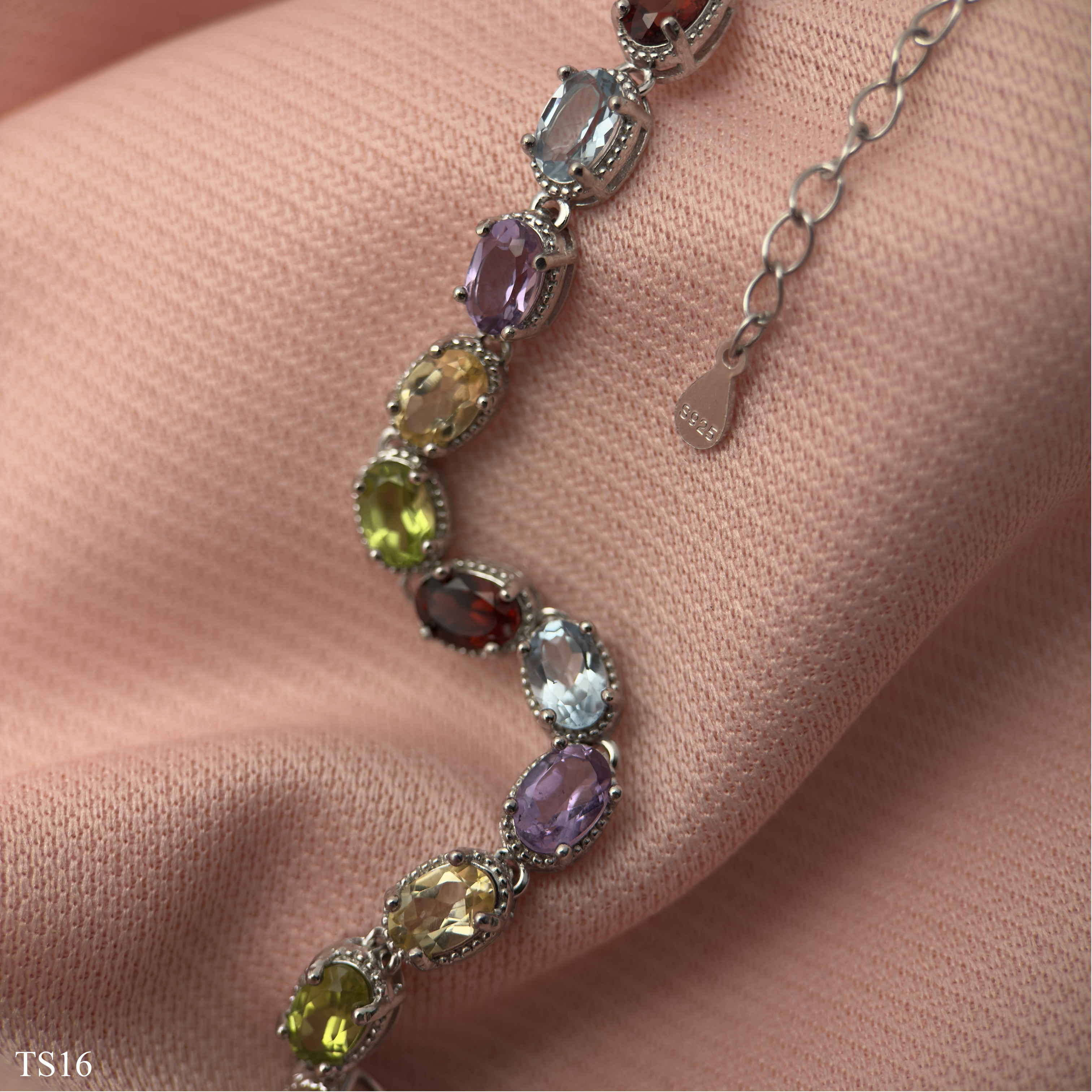 Lắc bạc 925 nữ đính đá tự nhiên topaz, peridot, garnet, thạch anh vàng, thạch anh tím