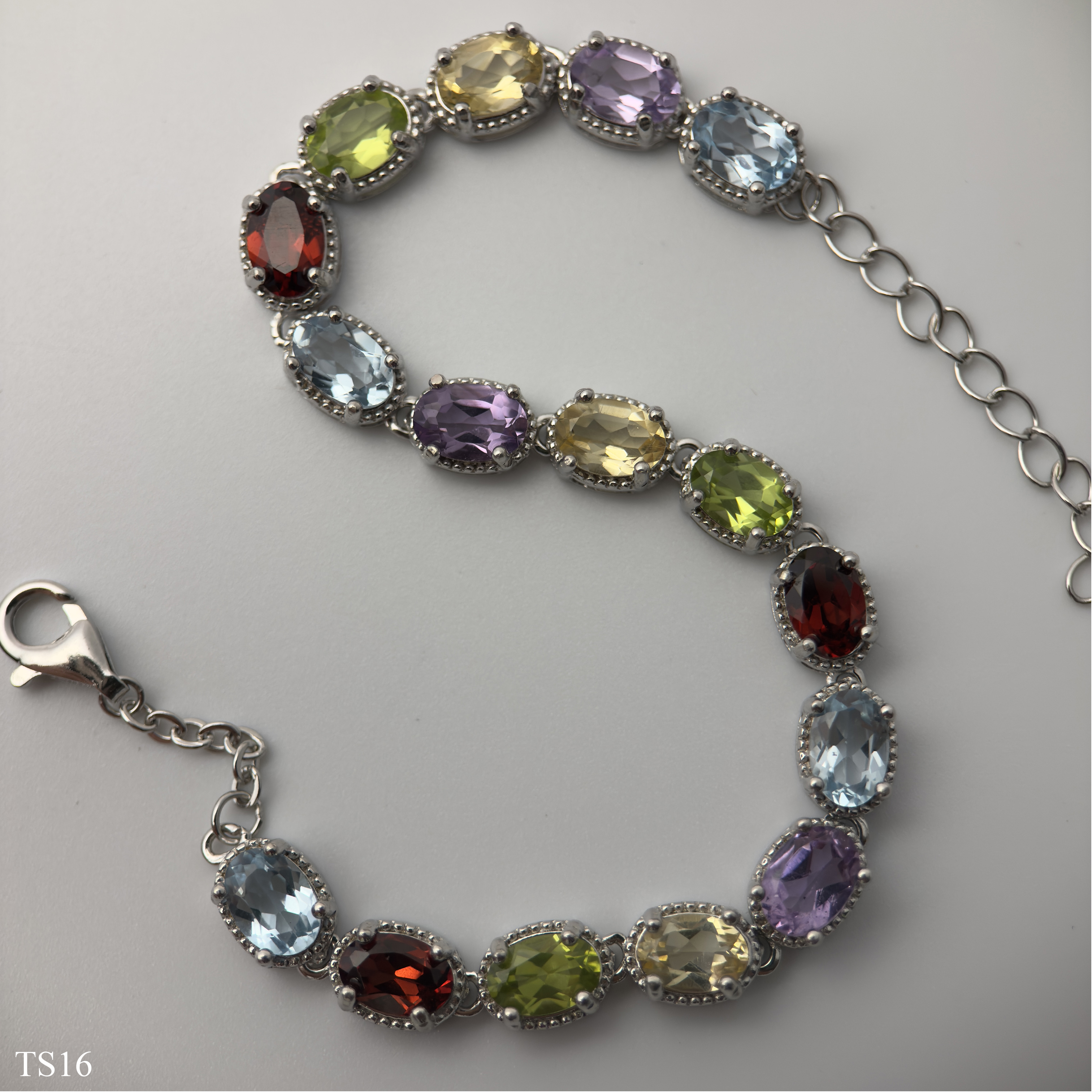 Lắc bạc 925 nữ đính đá tự nhiên topaz, peridot, garnet, thạch anh vàng, thạch anh tím