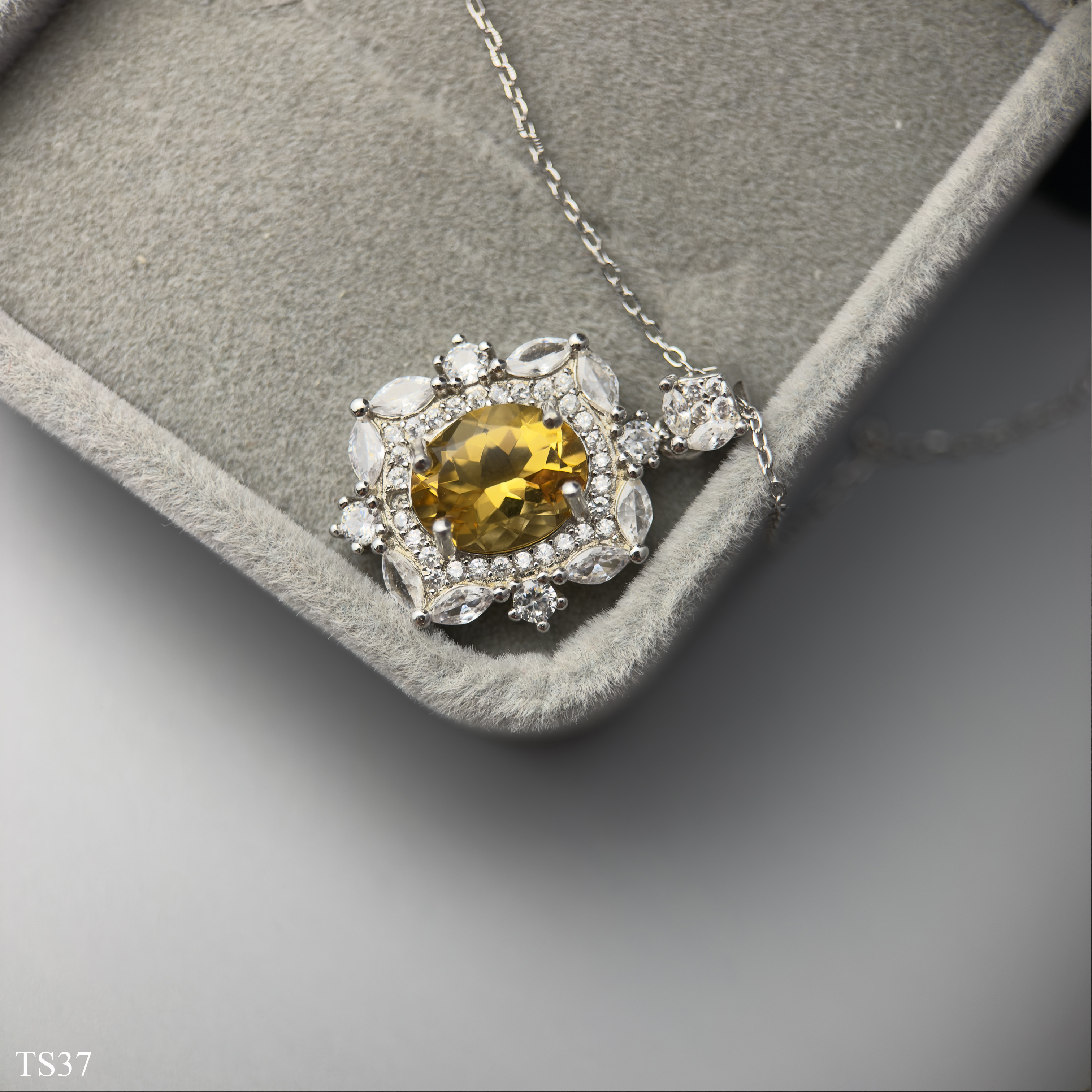 Dây Chuyền Bạc 925 Nữ Đính Đá Citrin Thạch Anh Vàng Tự Nhiên