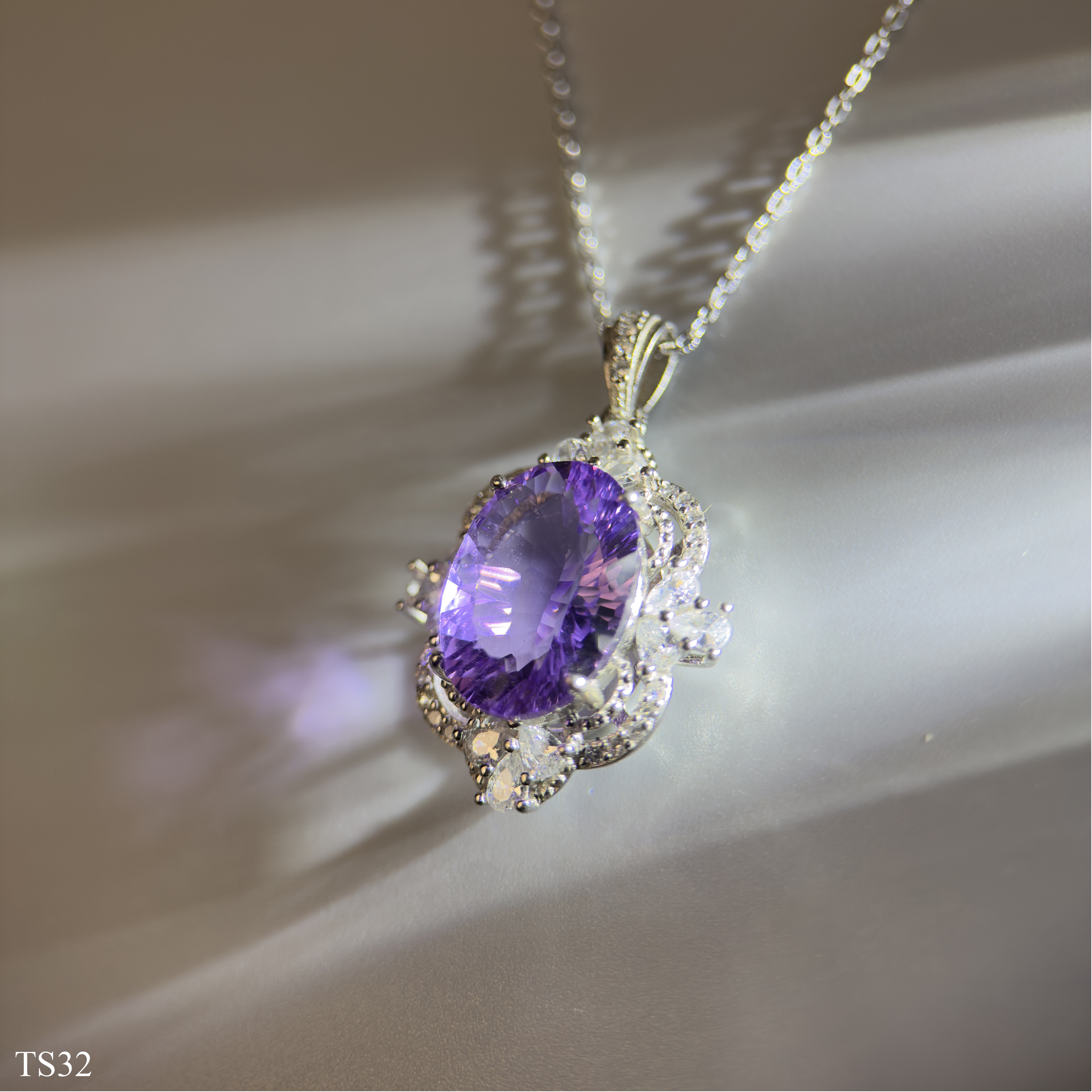 Dây chuyền bạc 925 nữ đính đá thạch anh tím Emethisyt tự nhiên