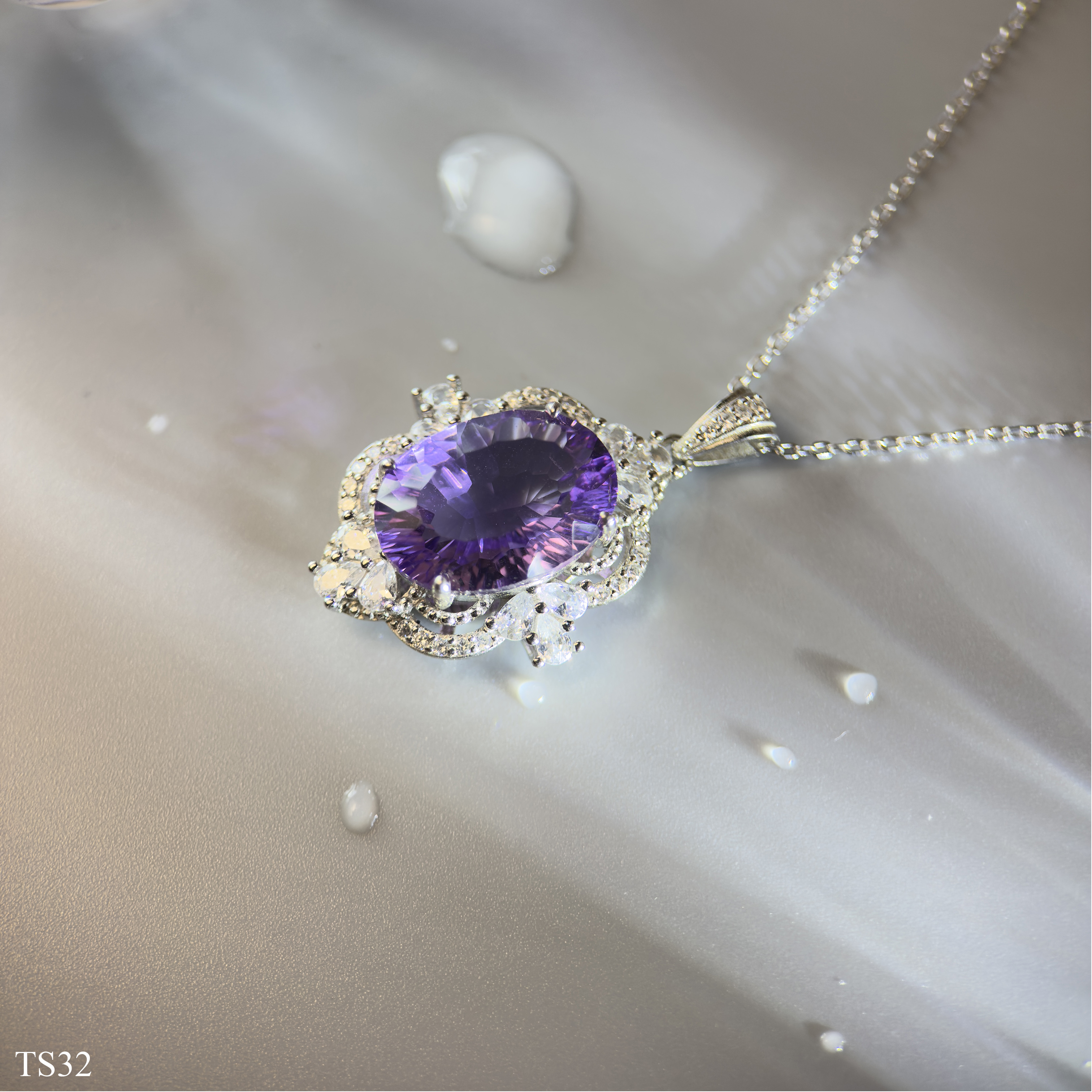 Dây chuyền bạc 925 nữ đính đá thạch anh tím Emethisyt tự nhiên