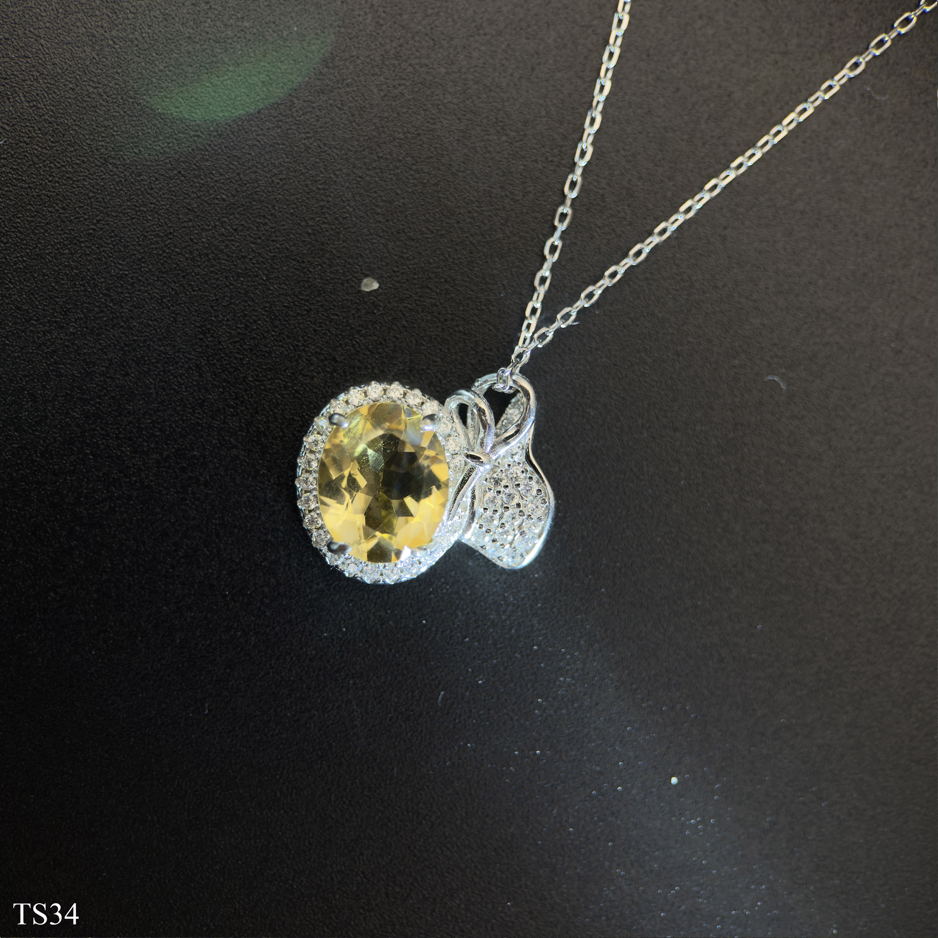 Dây chuyền bạc 925 nữ đính đá citrin thạch anh vàng tài lộc