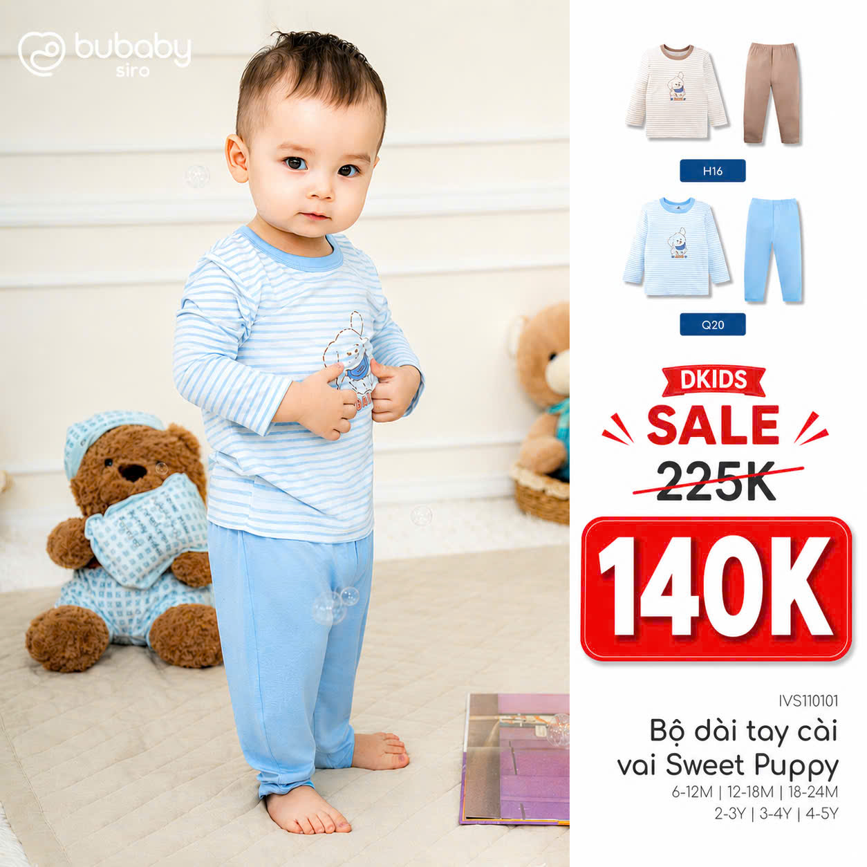 (6M-5Y) Bộ dài tay cổ tròn BUBABY Vải  Mềm mát Signature Cao Cấp Cho Bé