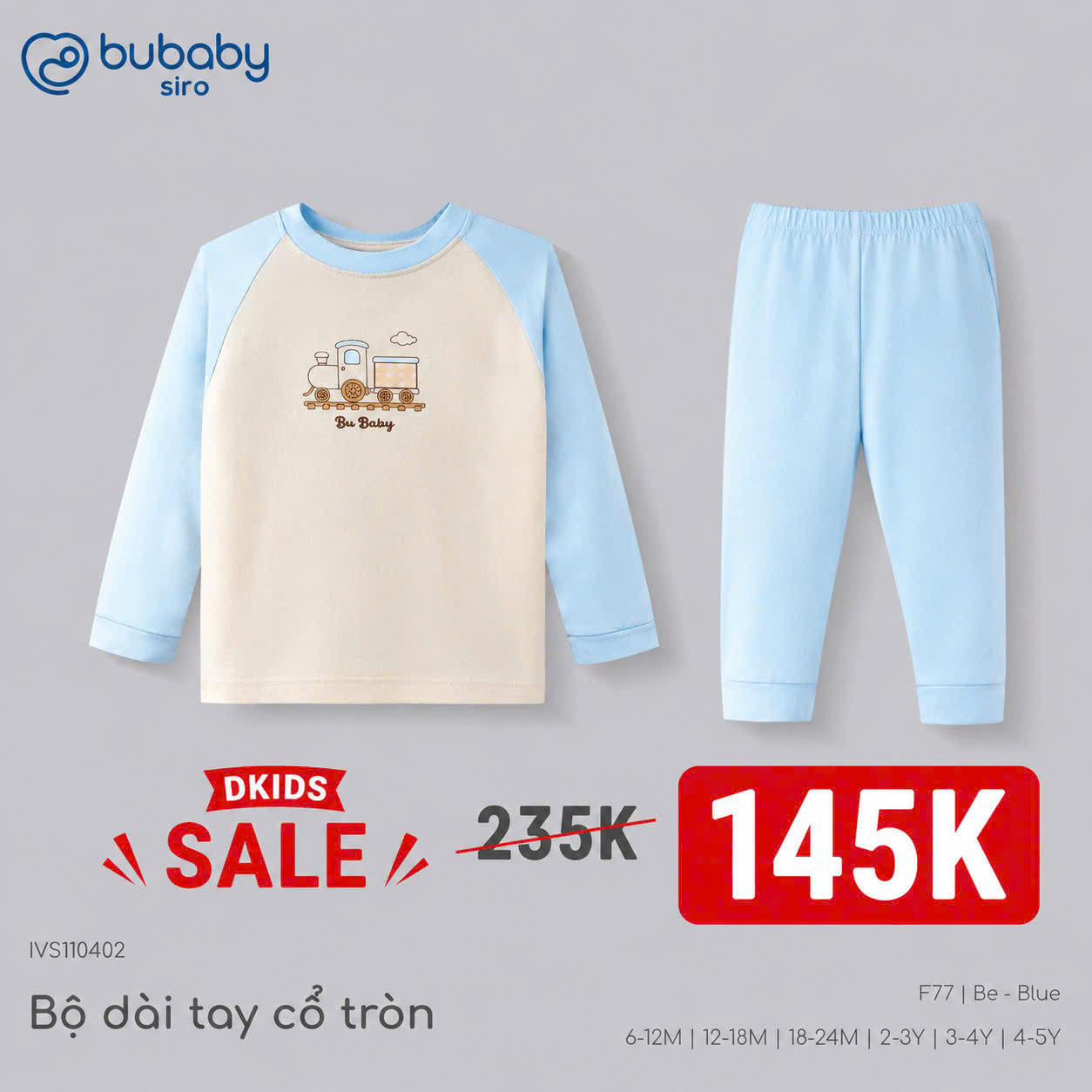 (6M-5Y) Bộ dài tay cổ tròn BUBABY Vải  Mềm mát Signature Cao Cấp Cho Bé