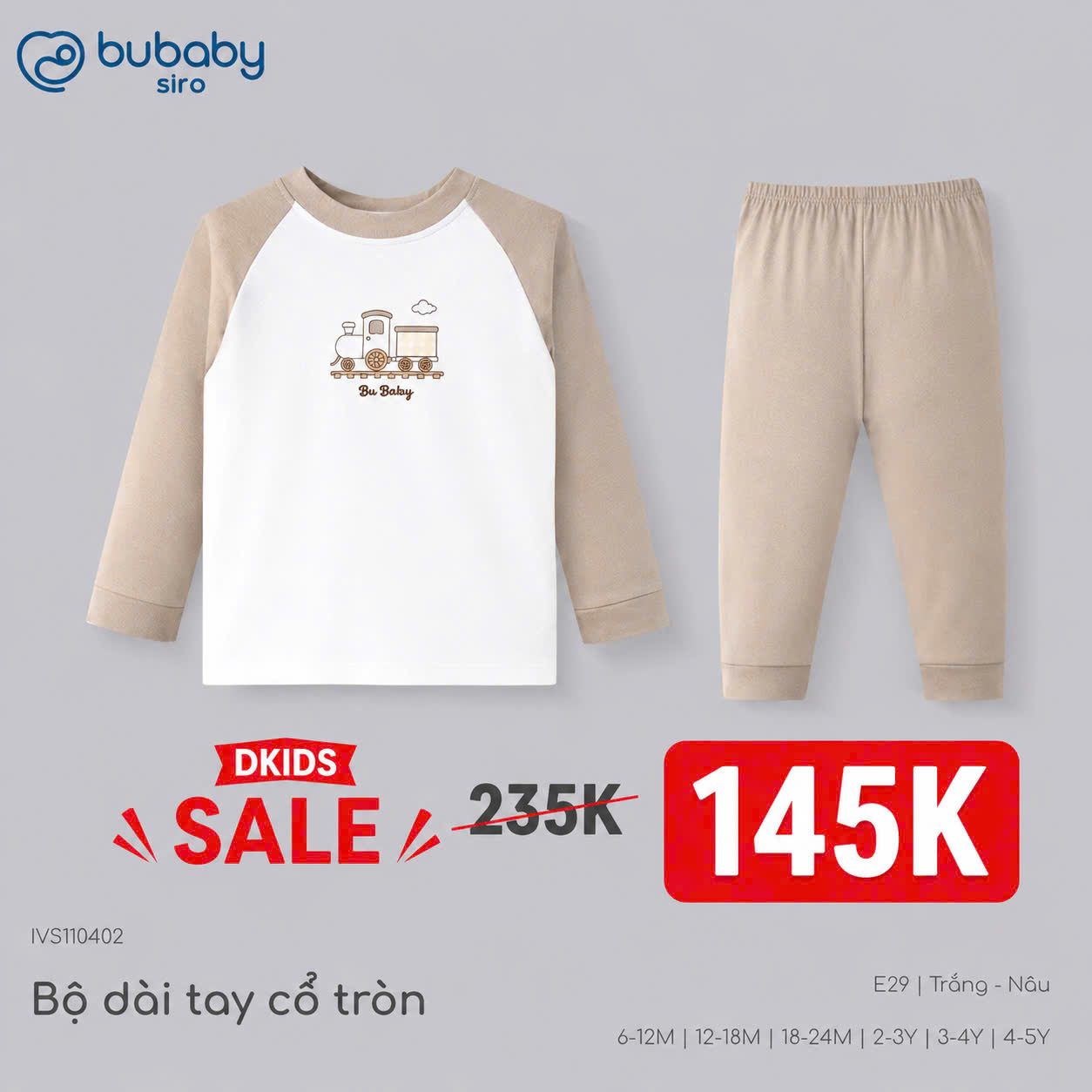(6M-5Y) Bộ dài tay cổ tròn BUBABY Vải  Mềm mát Signature Cao Cấp Cho Bé