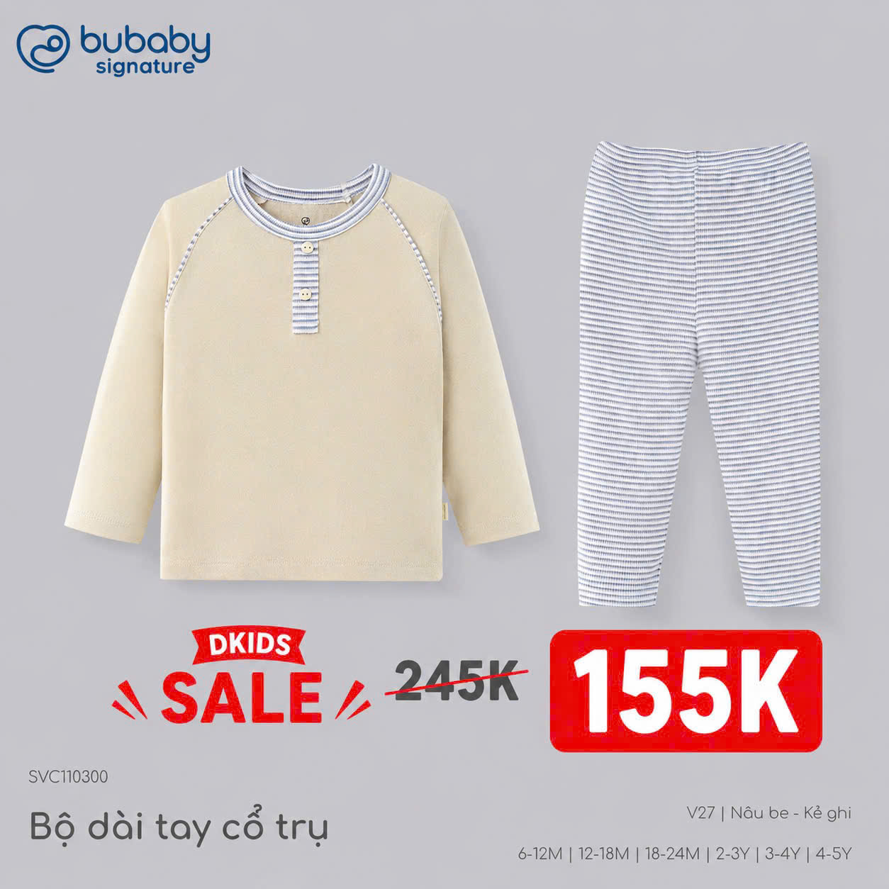 BU Baby (6M-5Y) Bộ dài tay cổ tròn Thu êm Bubaby Bambus BBB110406 | Quần áo BU chính hãng