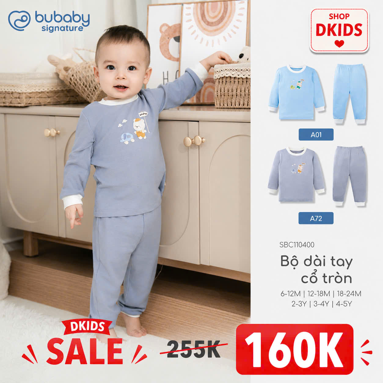 (6M-5Y) Bộ dài tay cổ tròn Thu êm Bubaby Cotton BCT110404 | Quần áo BU Chính hãng