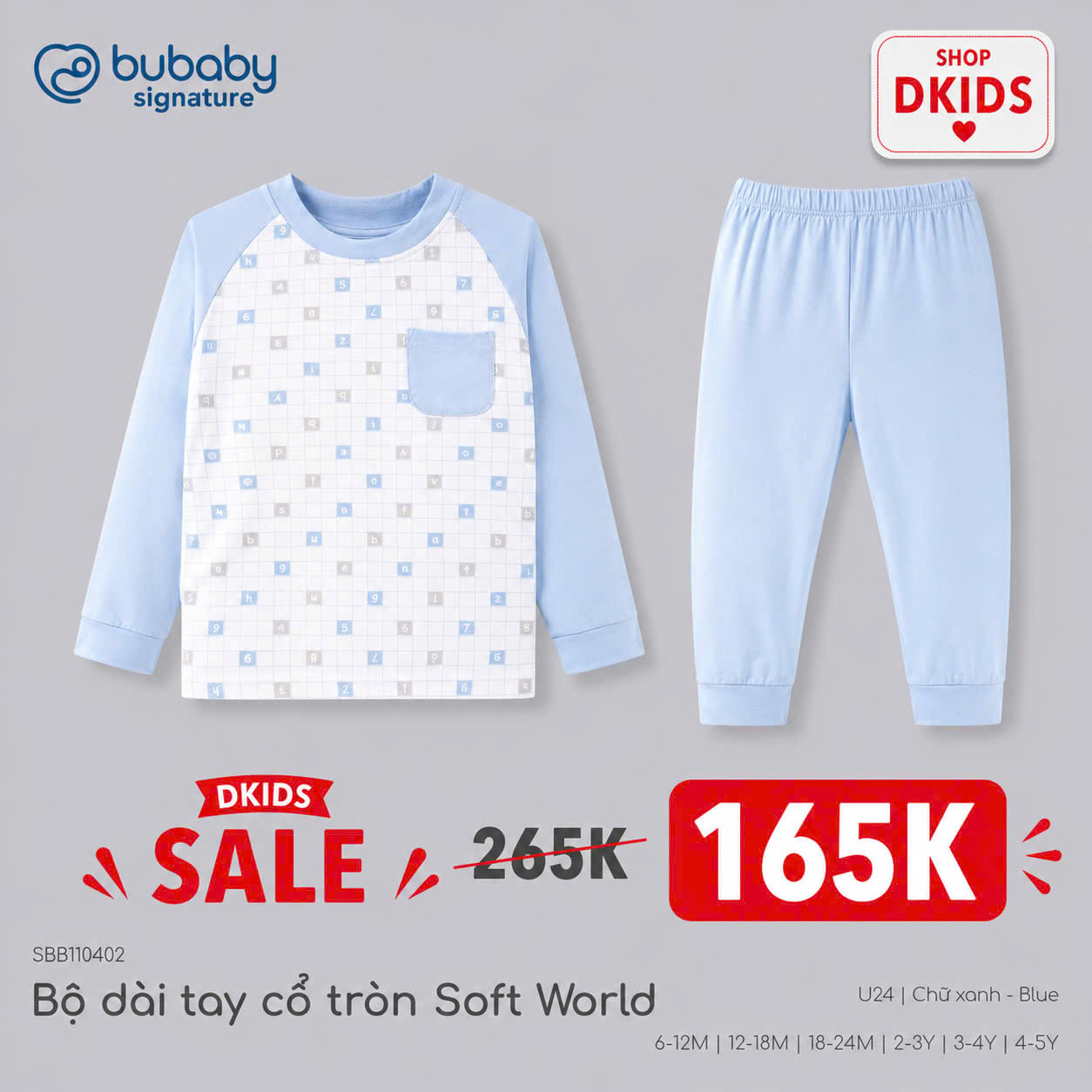 BU Baby (6M-5Y) Bộ dài tay cổ tròn Thu êm Bubaby Bambus BBB110406 | Quần áo BU chính hãng