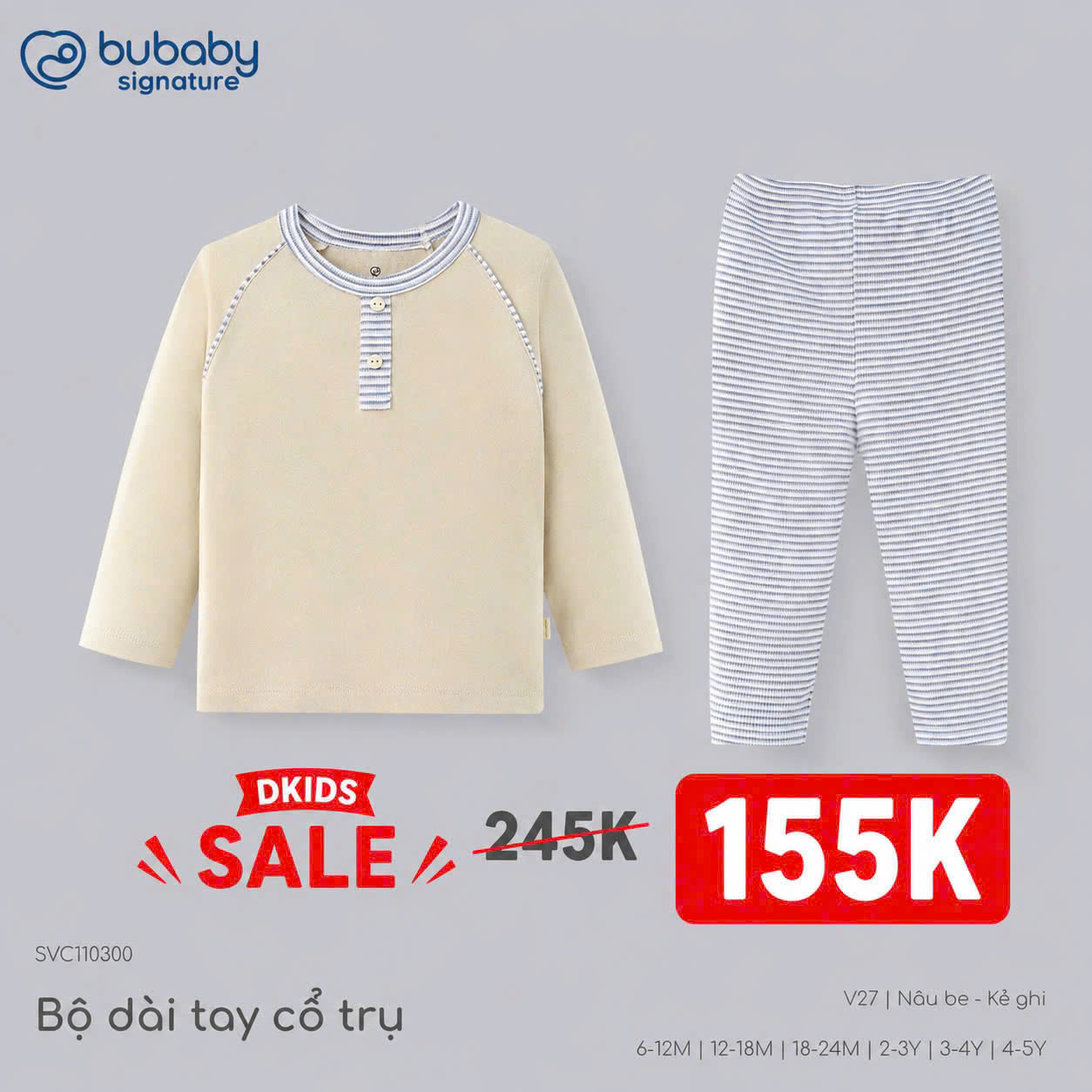 (6M-5Y) Bộ dài tay cổ tròn Thu êm Bubaby Cotton BCT110404 | Quần áo BU Chính hãng