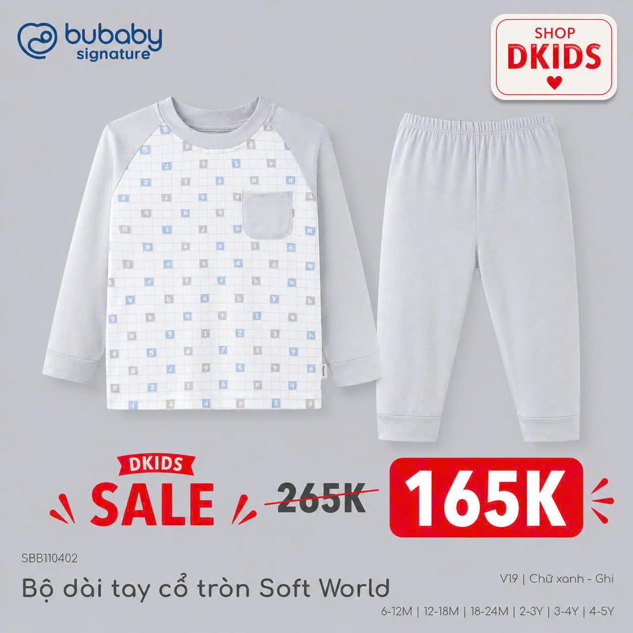 (6M-5Y) Bộ dài tay cổ tròn Thu êm Bubaby Cotton BCT110404 | Quần áo BU Chính hãng
