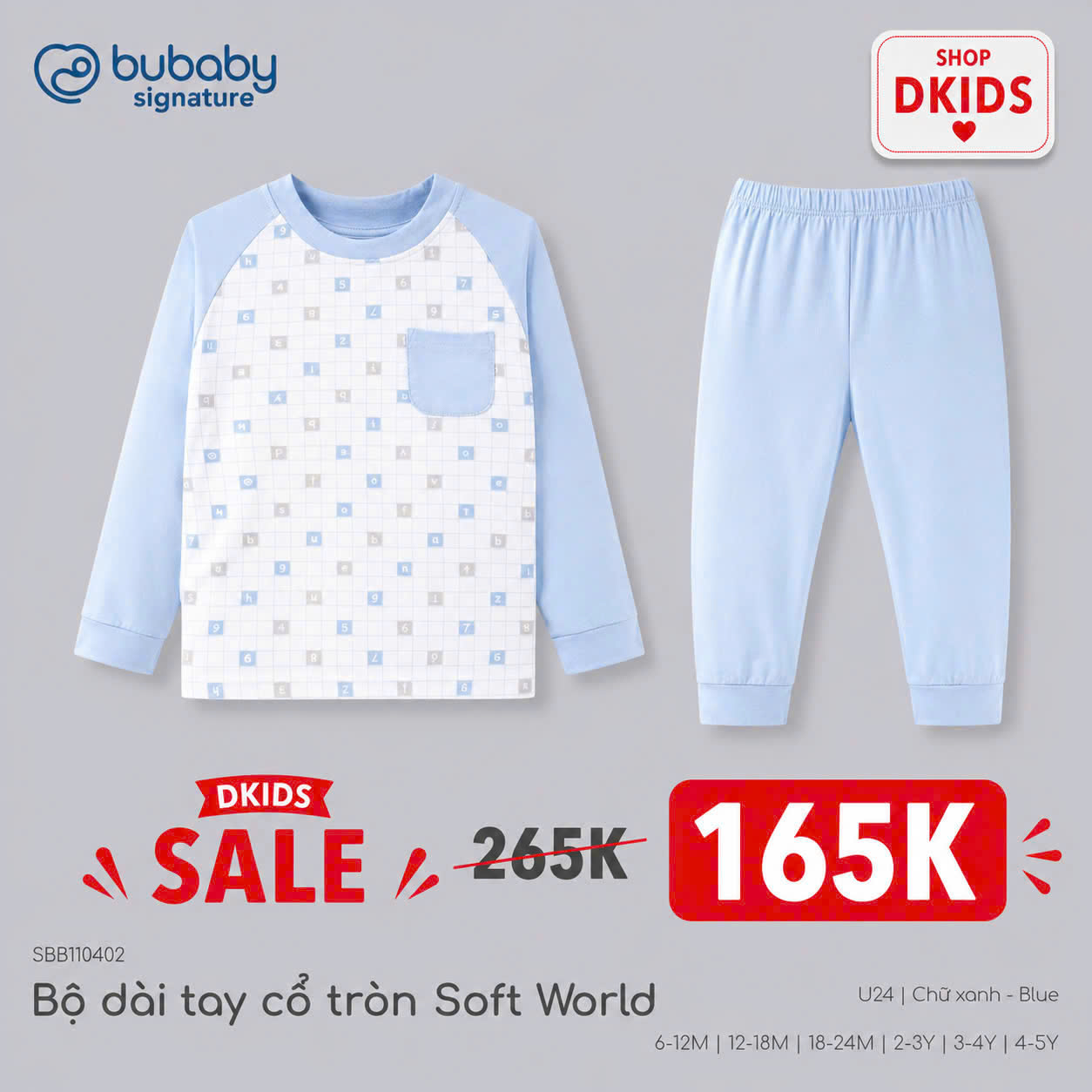 (6M-5Y) Bộ dài tay cổ tròn Thu êm Bubaby Cotton BCT110404 | Quần áo BU Chính hãng
