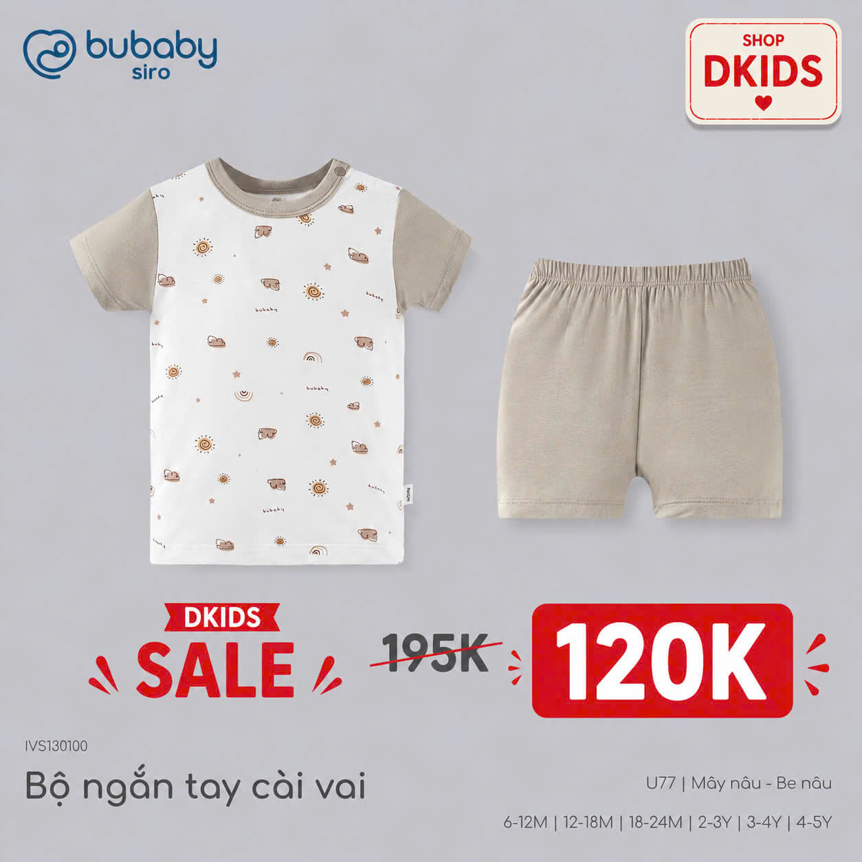 (6M - 5Y) Bộ quần áo ngắn tay cài vai BUBABY SALE 2026