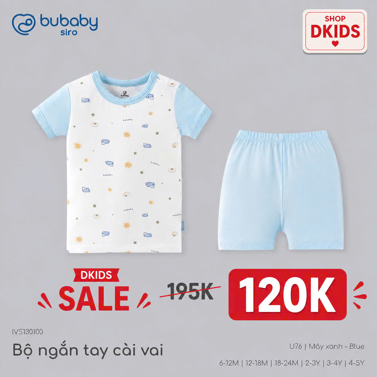 (6M - 5Y) Bộ quần áo ngắn tay cài vai BUBABY SALE 2026