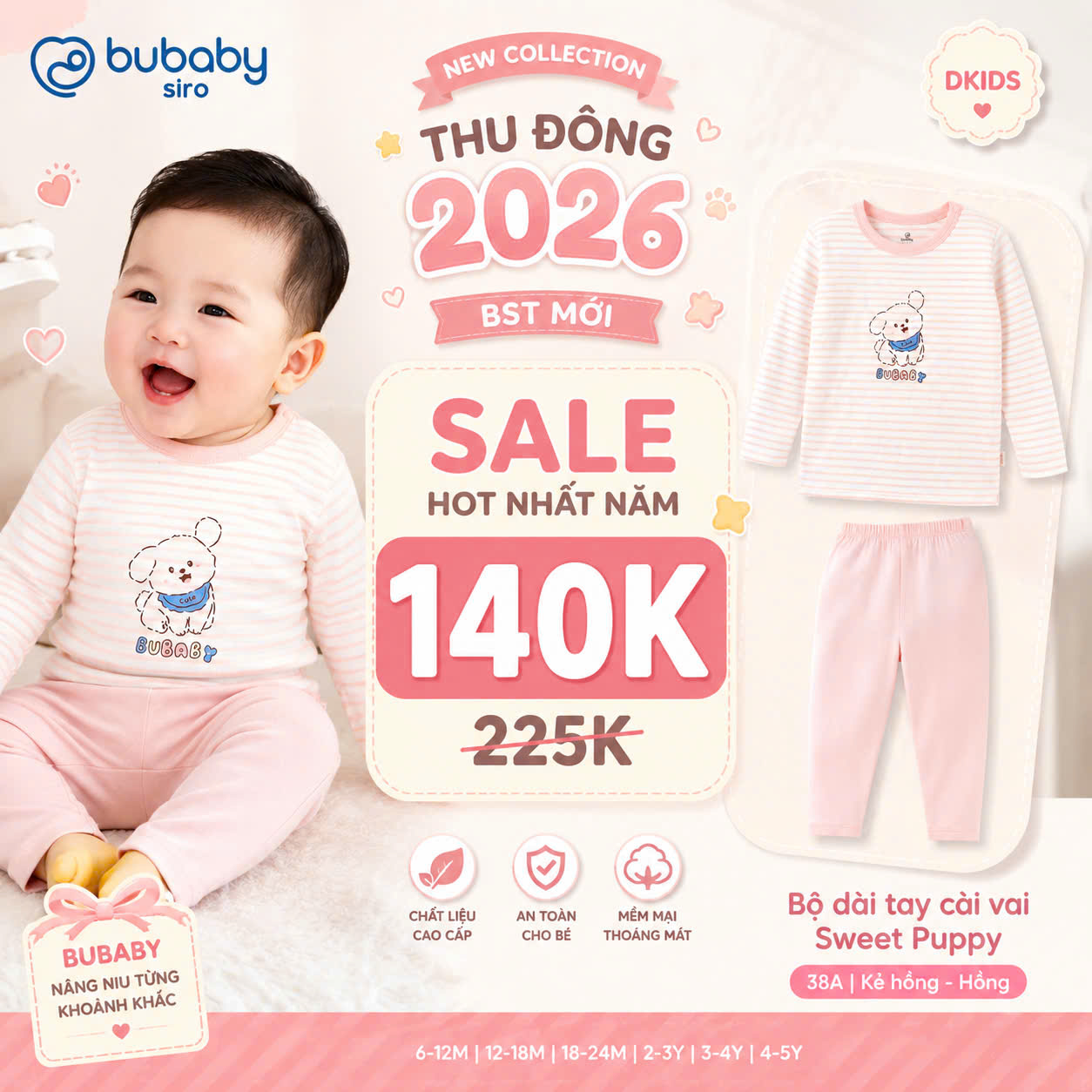 (6M-5Y) Bộ dài tay cổ tròn Thu êm Bubaby Cotton BCT110404 | Quần áo BU Chính hãng
