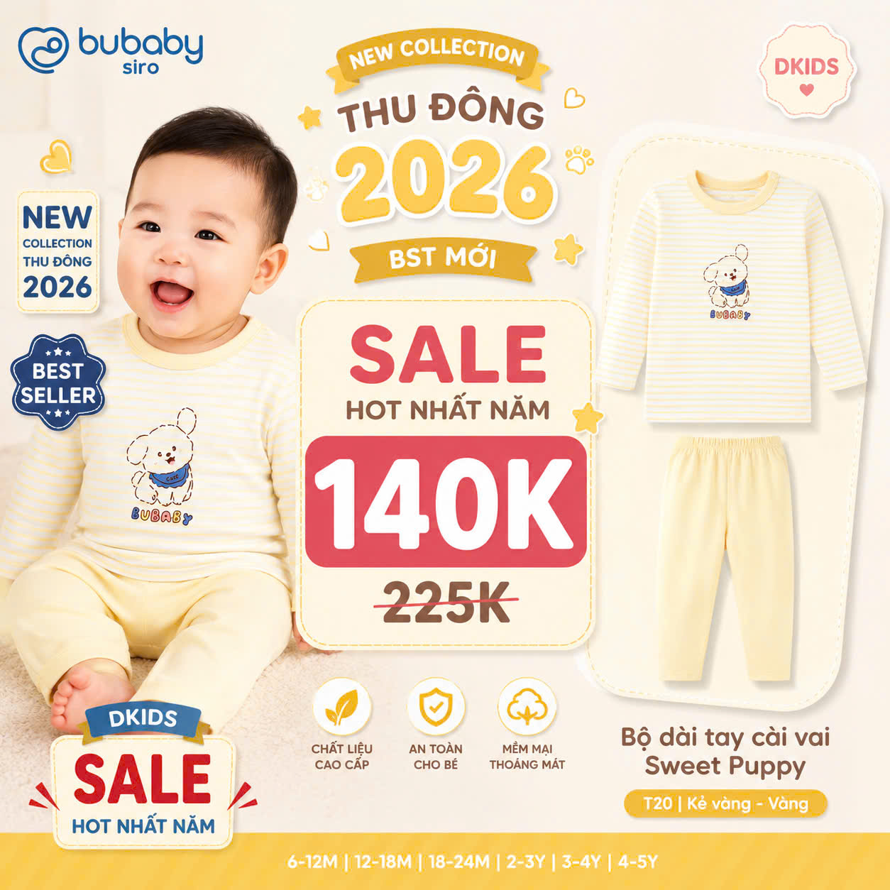 (6M-5Y) Bộ dài tay cổ tròn Thu êm Bubaby Cotton BCT110404 | Quần áo BU Chính hãng