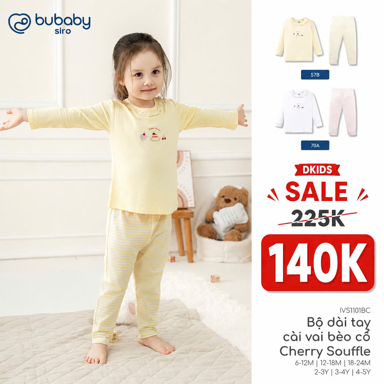 (6M-5Y) Bộ dài tay cổ tròn Thu êm Bubaby Cotton BCT110404 | Quần áo BU Chính hãng