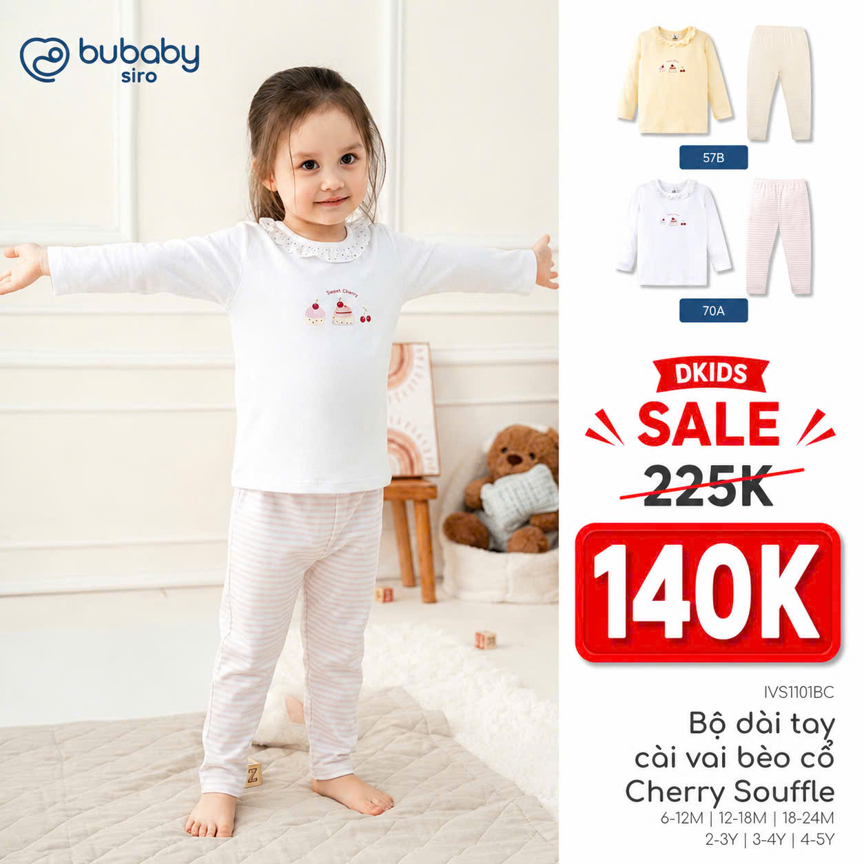 (6M-5Y) Bộ dài tay cổ tròn BUBABY Vải  Mềm mát Signature Cao Cấp Cho Bé