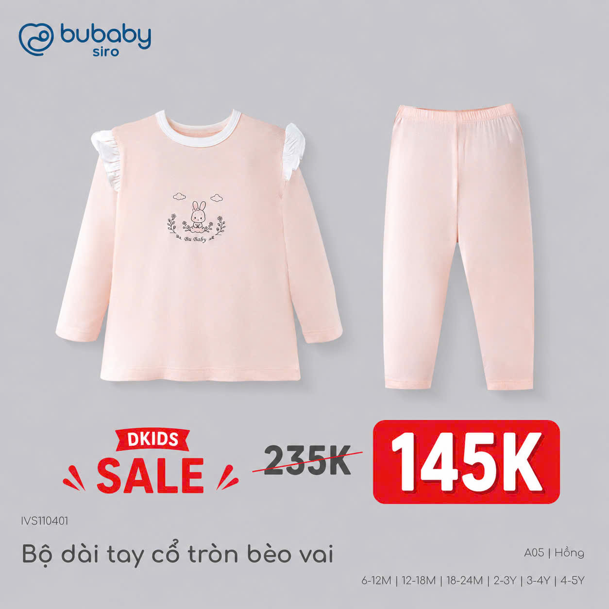(6M-5Y) Bộ dài tay cổ tròn BUBABY Vải  Mềm mát Signature Cao Cấp Cho Bé