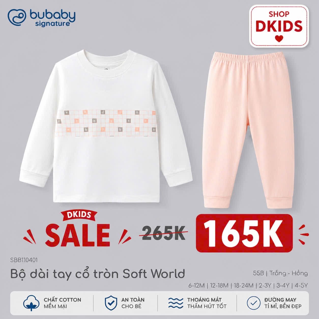 BU Baby (6M-5Y) Bộ dài tay cổ tròn Thu êm Bubaby Bambus BBB110406 | Quần áo BU chính hãng