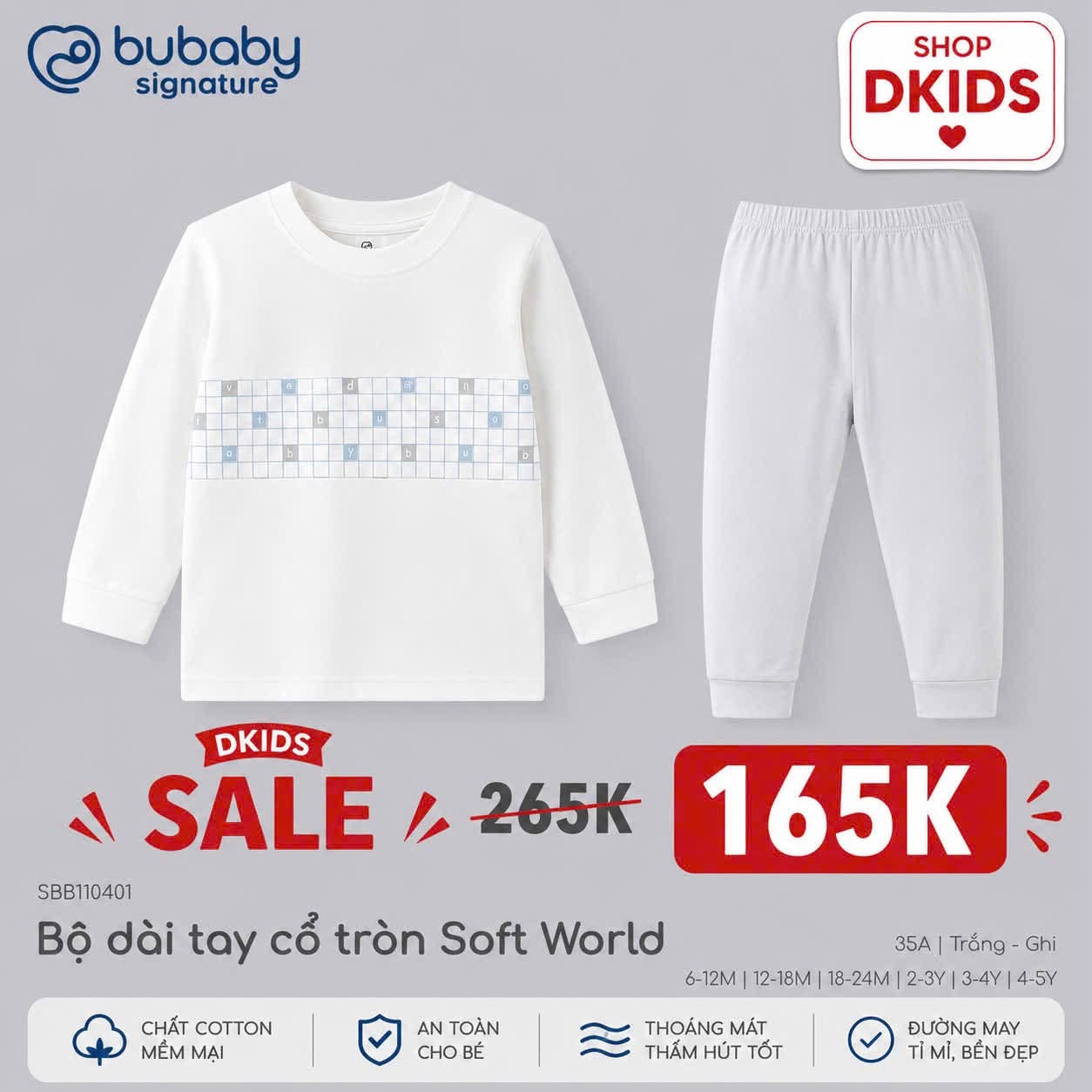 (6M-5Y) Bộ dài tay cổ tròn BUBABY Vải  Mềm mát Signature Cao Cấp Cho Bé