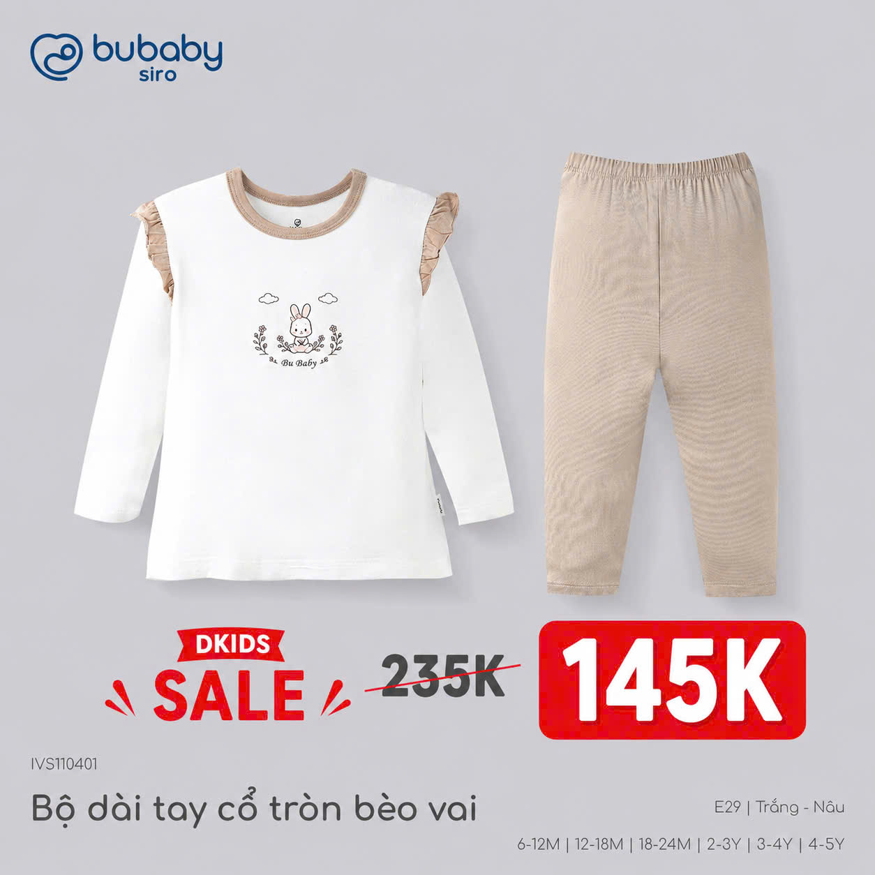 (6M-5Y) Bộ dài tay cổ tròn BUBABY Vải  Mềm mát Signature Cao Cấp Cho Bé