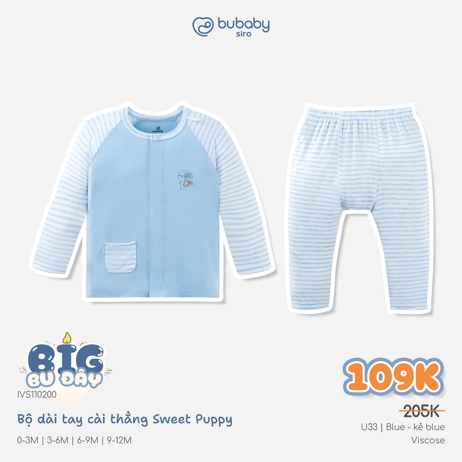 BU Baby (0M-12M) Bộ dài tay cài giữa Little Rainbow Bubaby Viscose IVS1102LR | Body Chính hãng