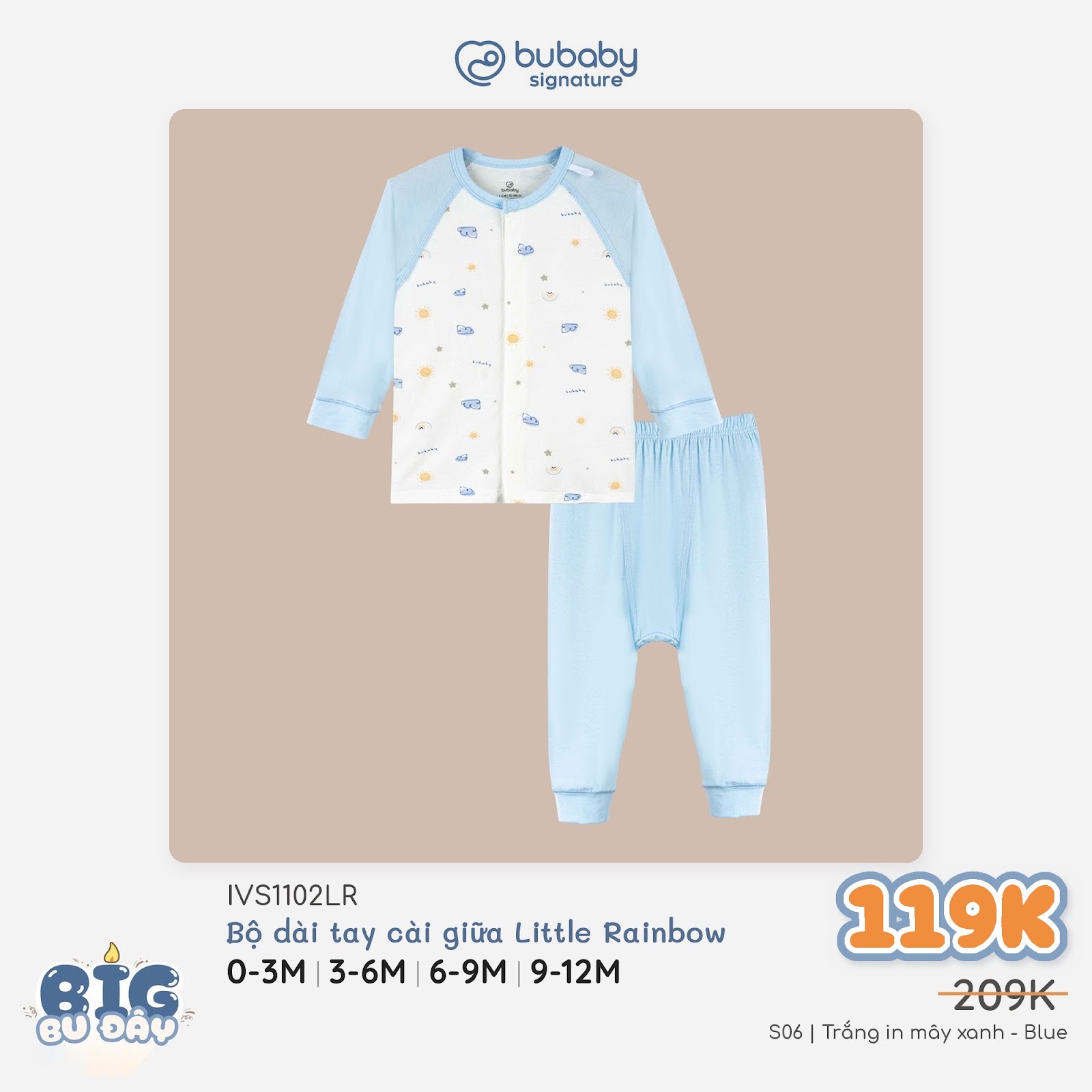 BU Baby (0M-12M) Bộ dài tay cài giữa Little Rainbow Bubaby Viscose IVS1102LR | Body Chính hãng
