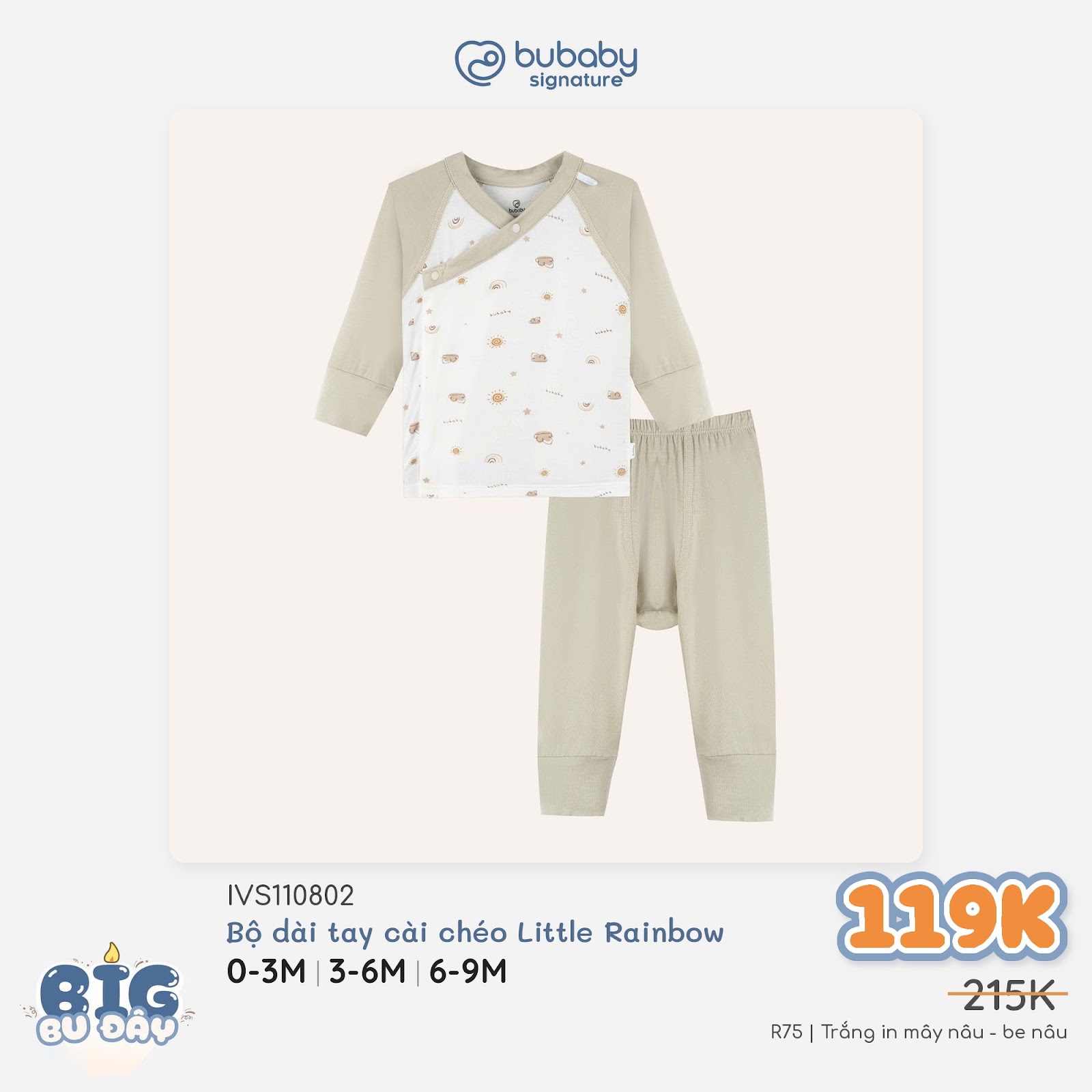 BU Baby (0-6M) Bộ dài tay cài chéo Bubaby Siro Viscose I VS110800 | Quần áo  Chính hãng