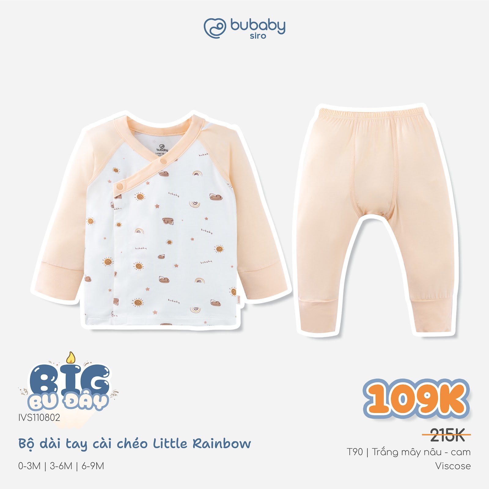 BU Baby (0-6M) Bộ dài tay cài chéo Bubaby Siro Viscose I VS110800 | Quần áo  Chính hãng