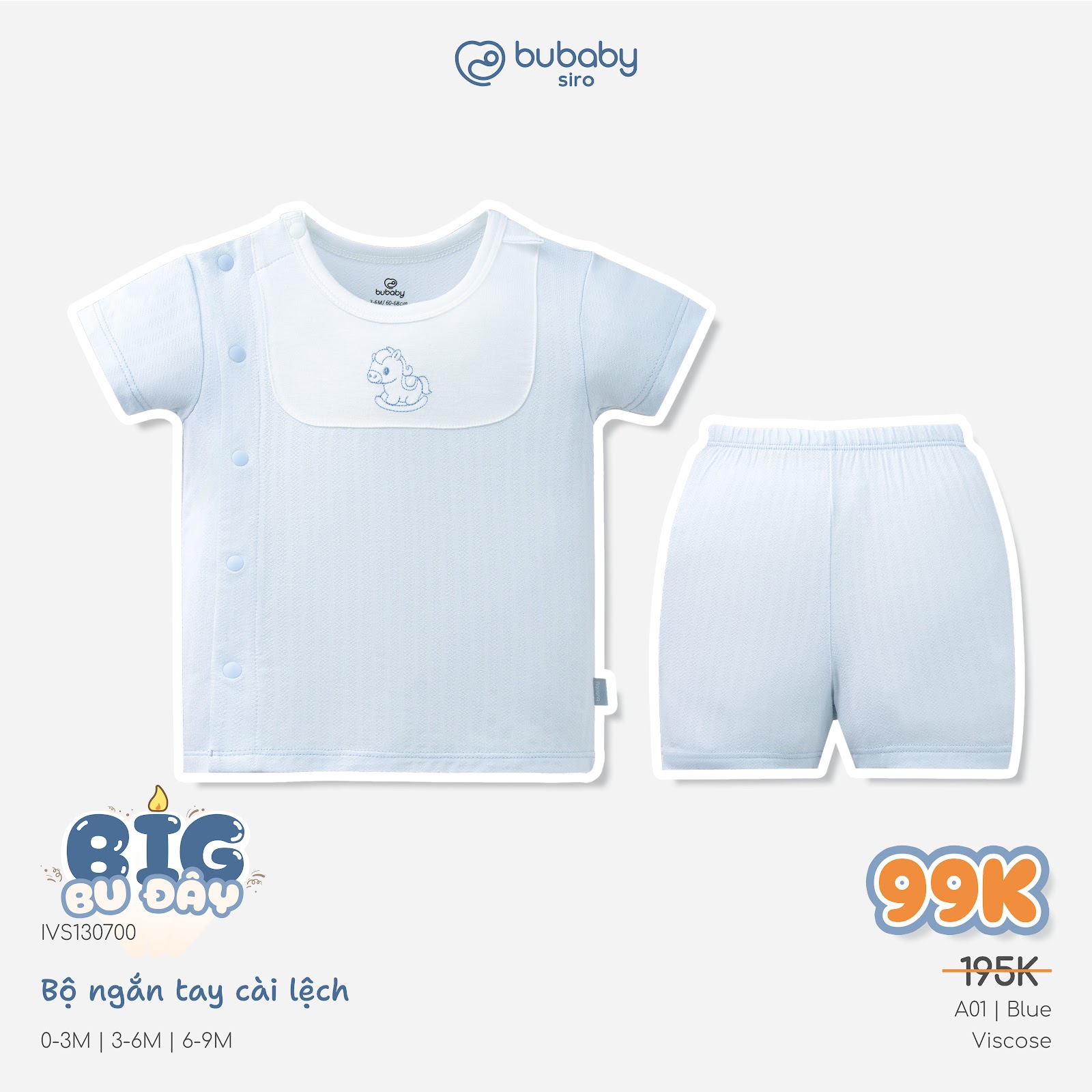 (0-12M) Bộ quần áo ngắn tay cài lệchbé trai bé gái mềm mát vải co giãn - KVS130| BU Baby chính hãng